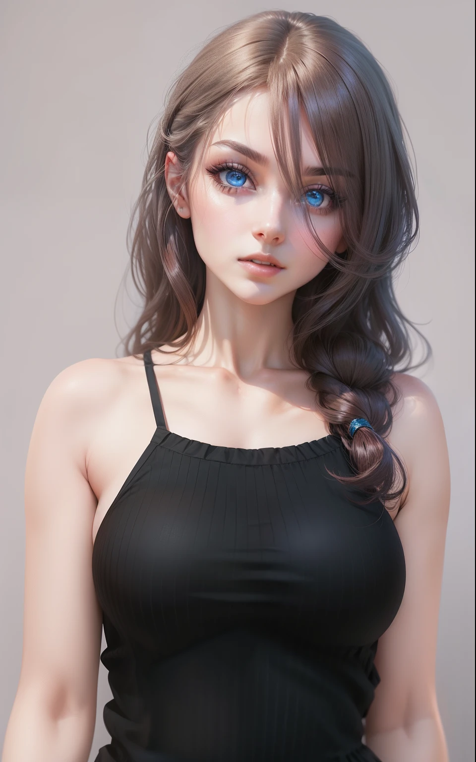 "Enchanting woman with mesmerizing eyes, cascading hair, flawless figure, alluring stance, vibrant background, breathtakingly lifelike 8k depiction, captivating expression."