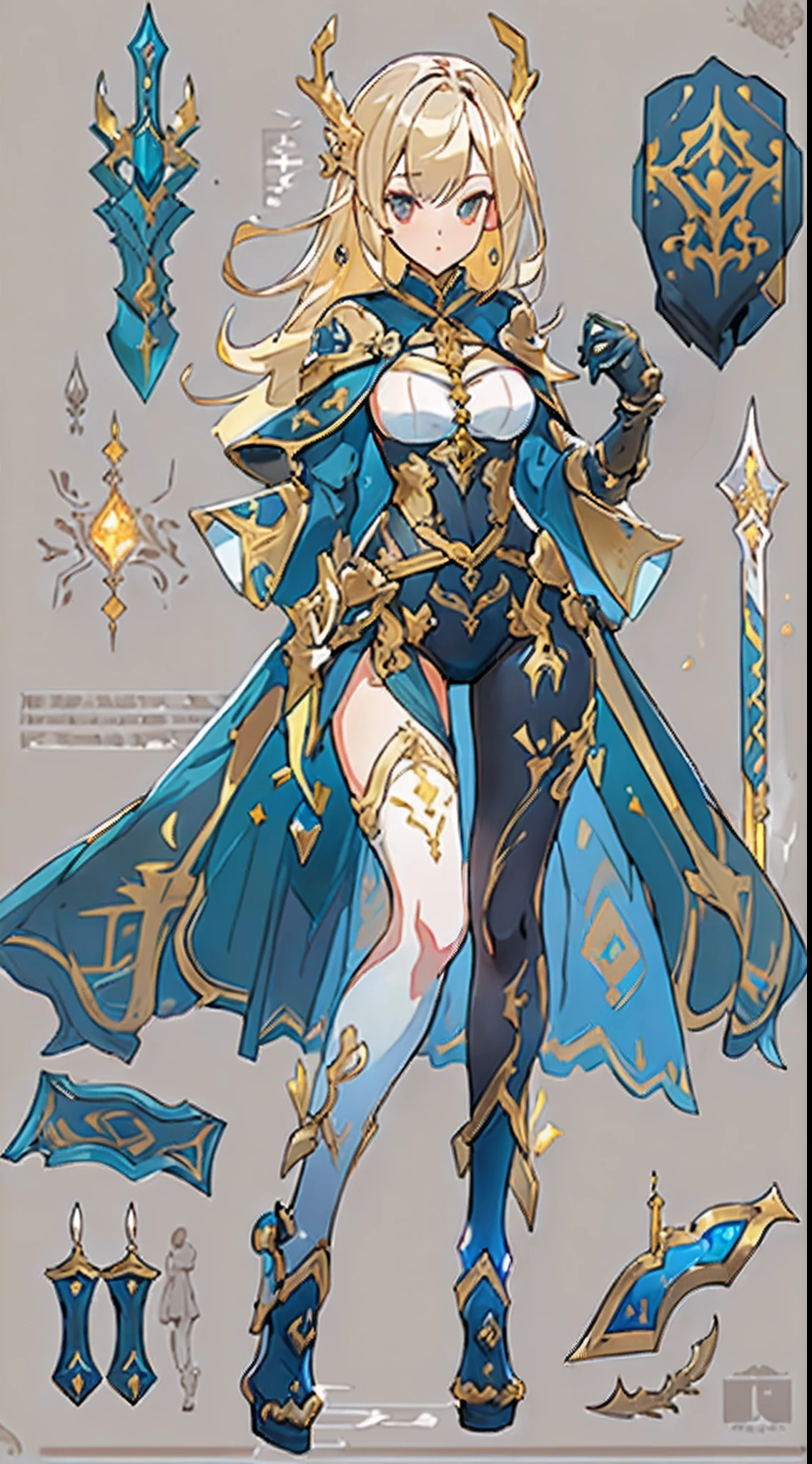 Design a layout showcase Gaming character, ((1girl)), sorcerer:1.2, Golden+Purle clothes, stylish and unique, ((showcase weapon:1.4)), magic staff, (masterpiece:1.2), (best quality), 4k, ultra-detailed, (Step by step design, layout art:1.5), (luminous lighting, atmospheric lighting), Final Fantasy style, magican, ((glove full hands)), fran, viera, (((revealing clothes:1.3))), vambraces, armored legwear, (((full_body_shot:1.4))), Niji, back_view, T_pose