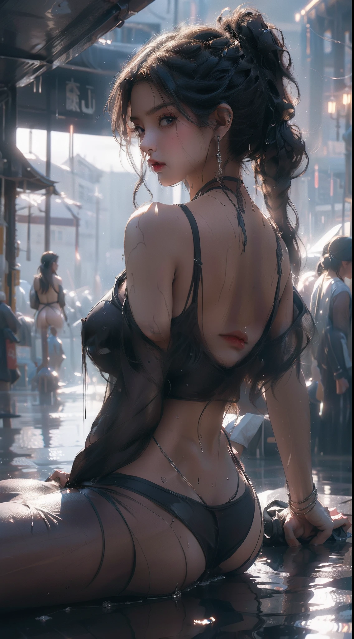 ((nsfw)),(gigantic breast:1)),(masterpiece, best quality),((high resolution 4k)), 1lady, solo, black shorthair, loose waves,pony tails,wet body,water drops on her body,lying down on the ground,in the city.wet transparent cloths,black sheer tank top,black shorts,front view,dynamic camera