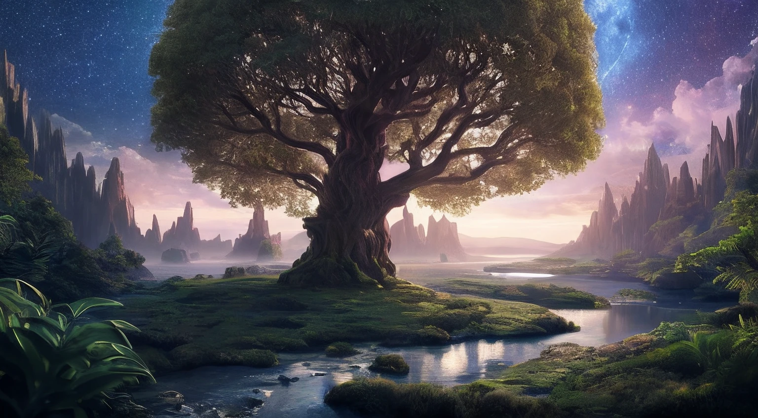 Illustration of a hyperrealistic , otherworldly, ultrasky scene featuring a giant crystal tree full body,very detailed and magical lighting, intricate forest details, vegetation and river around, solarpunk ,landscape, giant tree, beatifull leafy with beautiful lighting and realistic proportions, as if it were a cinematic background, 8k, highest quality, masterpiece, clouds and stars in the sky.
