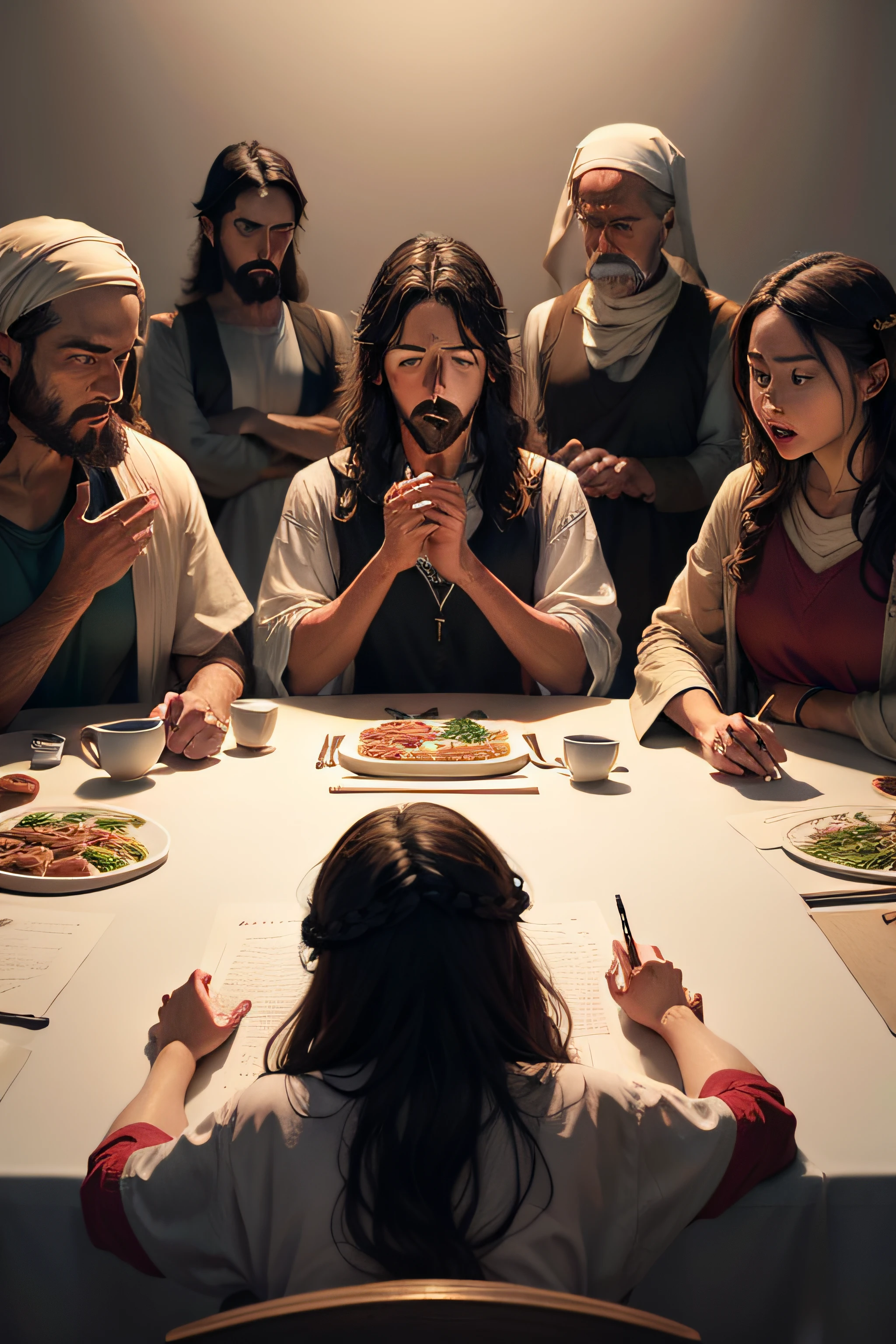 Develop a work of art that captures the moment of the Last Supper, focusing on the expression of Jesus and his disciples during this historic event.