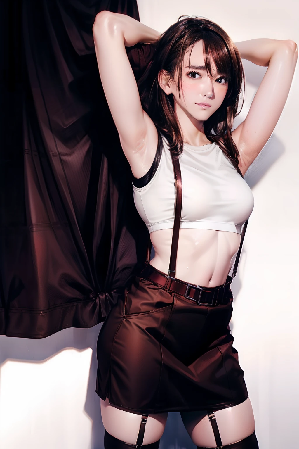 skirt by the, Armpit sweat suits suspenders, Brown hair Garter belt on the legs, Big and tight clothes, a belt deadpan Tank tops