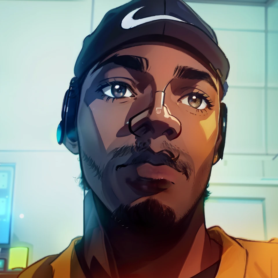 arafed man with dark eyes wearing a hat and a yellow shirt is looking at the camera, inspired by Terrell James, orisha, david uzochukwu, about 3 5 years old, george floyd, taken in the early 2020s, he is 3 5 years old, french man from louisiana, he is about 40 years old. The background is a futuristic recording studio in an apartment. There are 3 screens and a mixer on a table visible over his left shoulder and a microphone visible over his right shoulder.