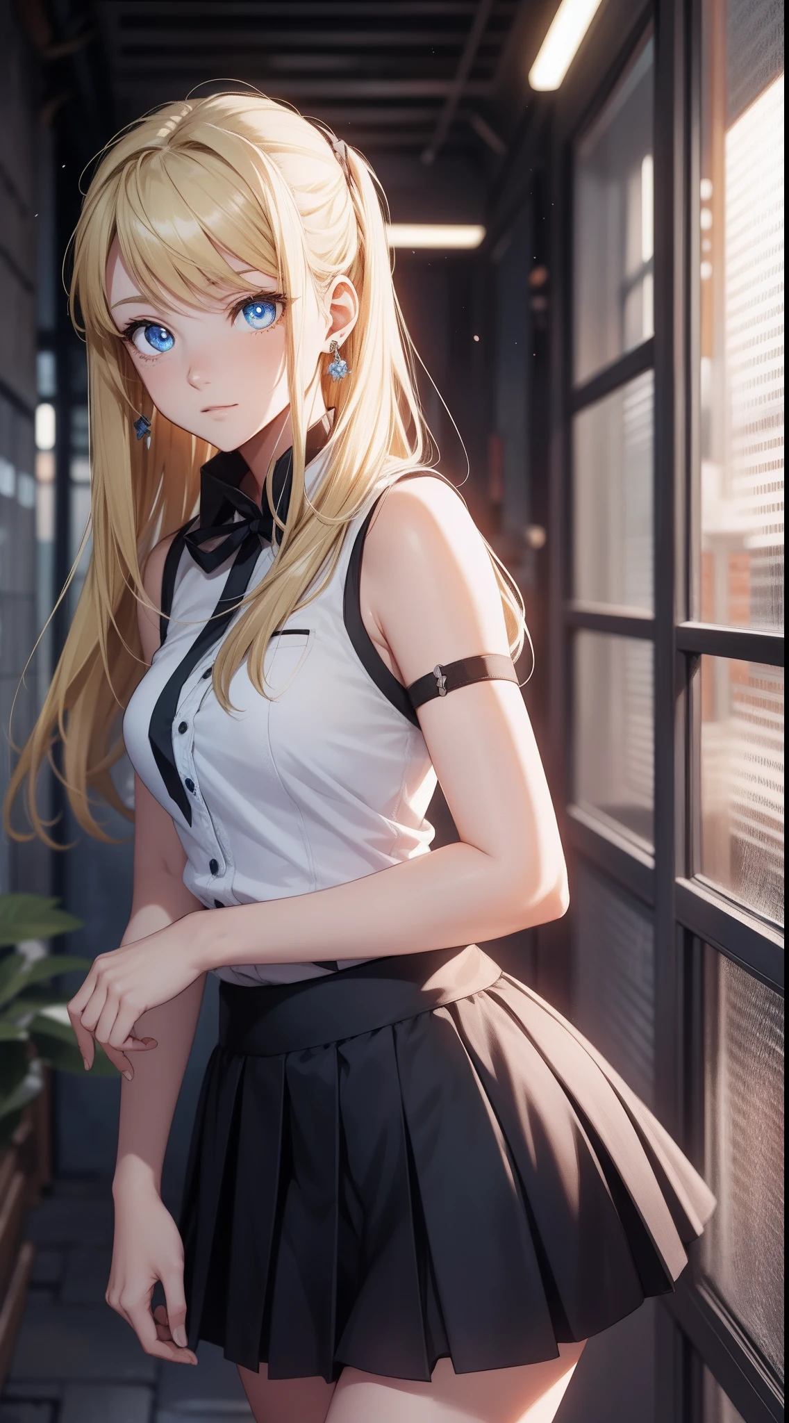 winryrockbell, winry rockbell, blue eyes, blonde hair, BREAK long hair, skirt, shirt, jewelry, white shirt, pleated skirt, earrings, sleeveless, blue skirt, bare arms, sleeveless shirt, BREAK indoors, BREAK looking at viewer, BREAK (masterpiece:1.2), best quality, high resolution, unity 8k wallpaper, (illustration:0.8), (beautiful detailed eyes:1.6), extremely detailed face, perfect lighting, extremely detailed CG, (perfect hands, perfect anatomy),
