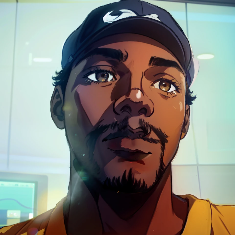 arafed man with dark eyes wearing a hat and a yellow shirt is looking at the camera, inspired by Terrell James, orisha, david uzochukwu, about 3 5 years old, george floyd, taken in the early 2020s, he is 3 5 years old, french man from louisiana, he is about 40 years old. The background is a futuristic recording studio in an apartment. There are 3 screens and a mixer on a table visible over his left shoulder and a microphone visible over his right shoulder.