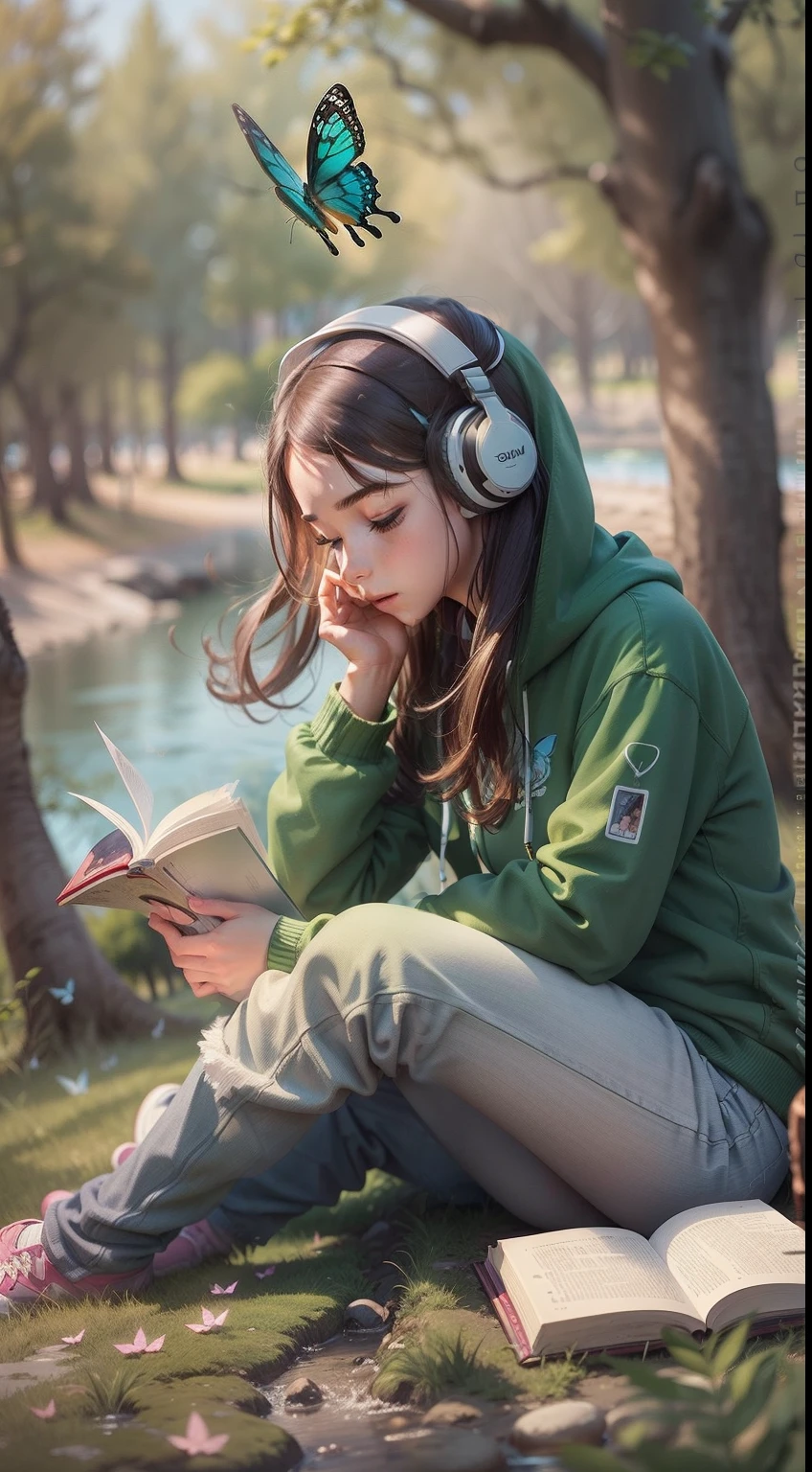 "1girl, solo,  reading while listening to music under a tree, behind the river with flying butterfly and bird, wearing a green hoodies,on her head headphones."