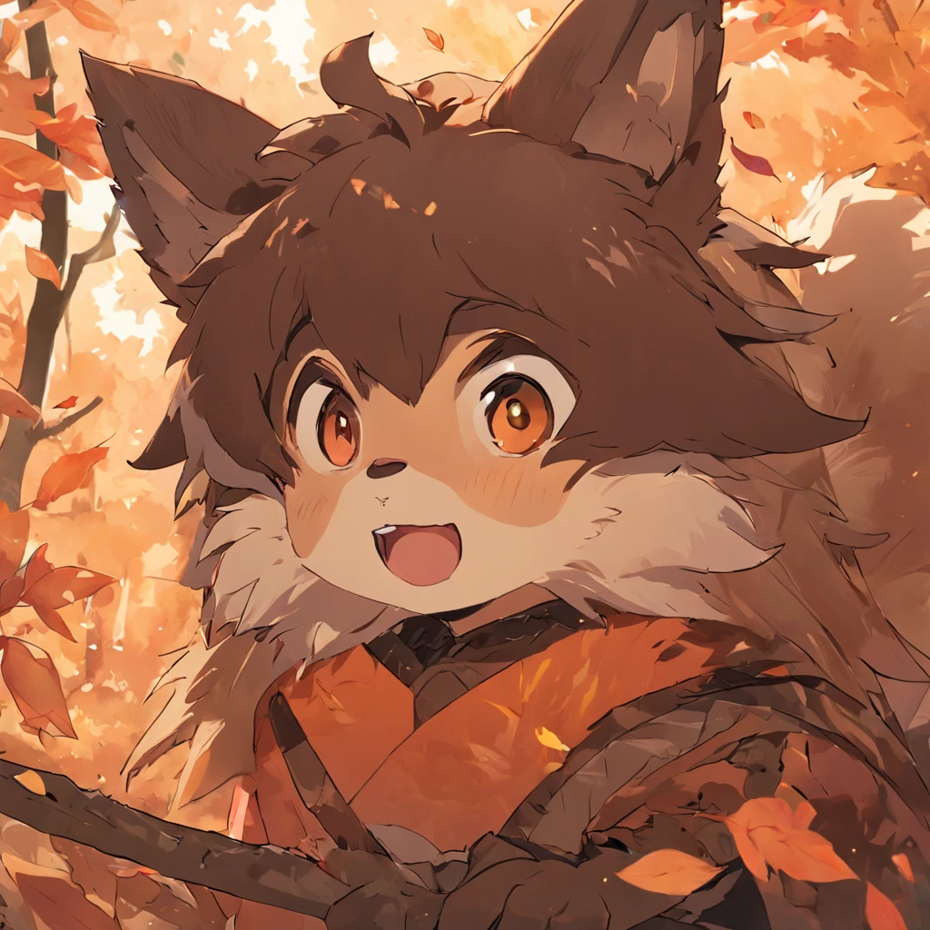 Gremlin, tan and brown bark-like fur with a black head and floppy ears, black bark armor, branches growing out of fur topped with red leaves, best quality, masterpiece