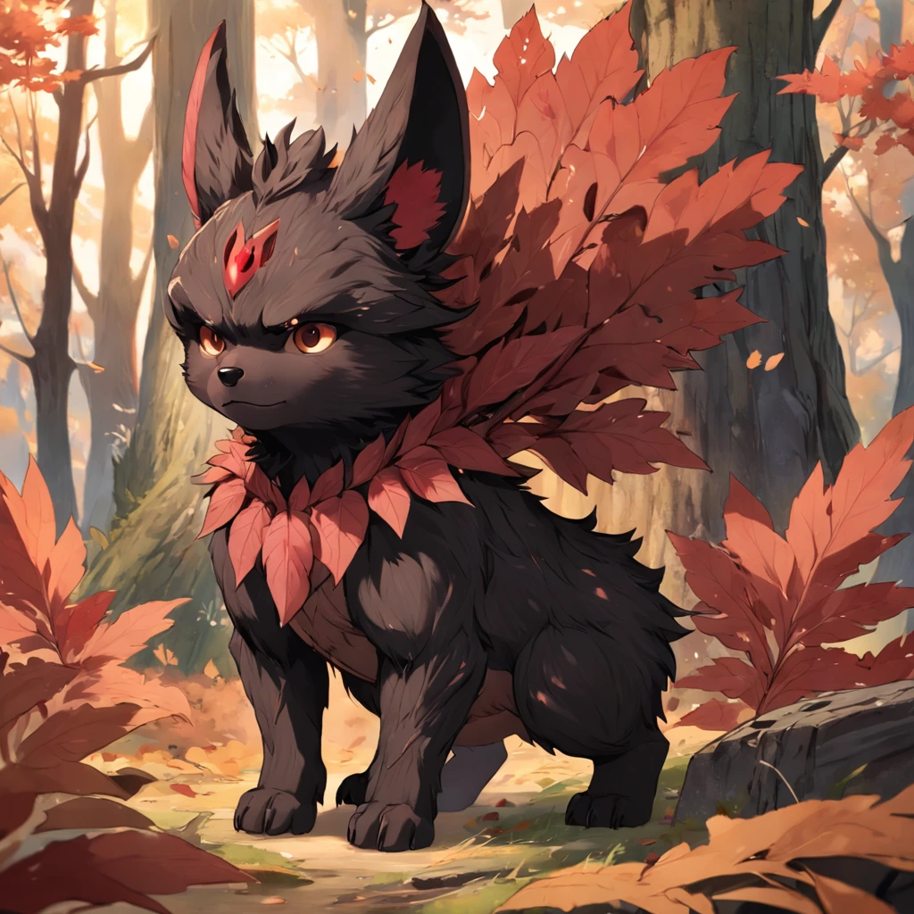 Gremlin, tan and brown bark-like fur with a black head and floppy ears, black bark armor, branches growing out of fur topped with red leaves, best quality, masterpiece