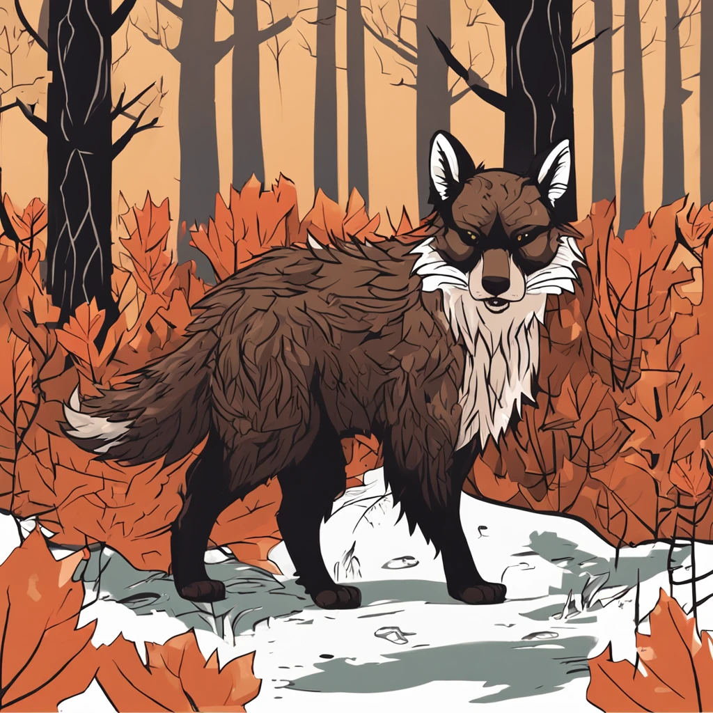 Gremlin, tan and brown bark-like fur with a black head and floppy ears, black bark armor, branches growing out of fur topped with red leaves, best quality, masterpiece, in flat design style