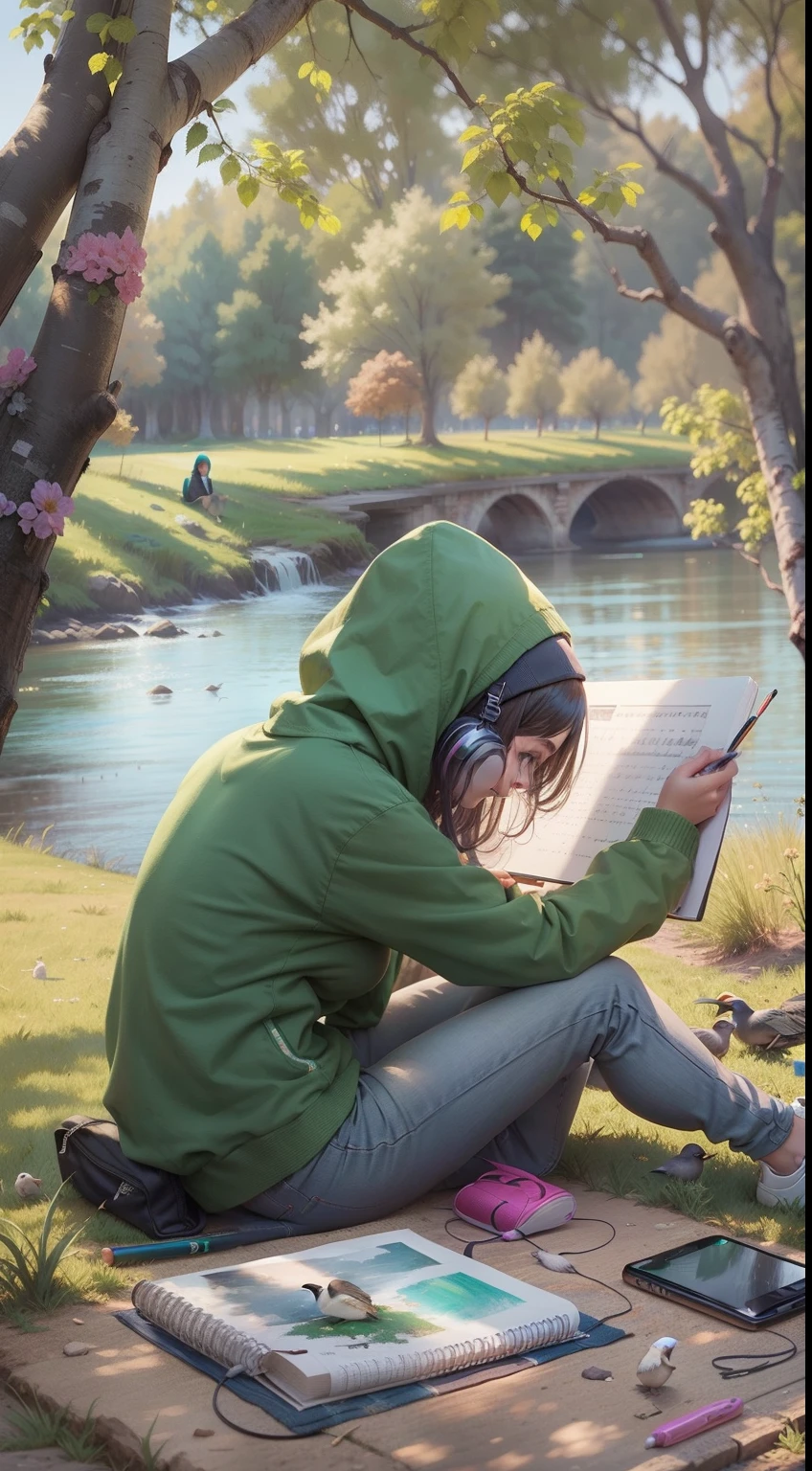 "1girl, solo,  drawing on a canvas while listening to music under a tree, behind the river with birds, wearing a green hoodies,on her head headphones."