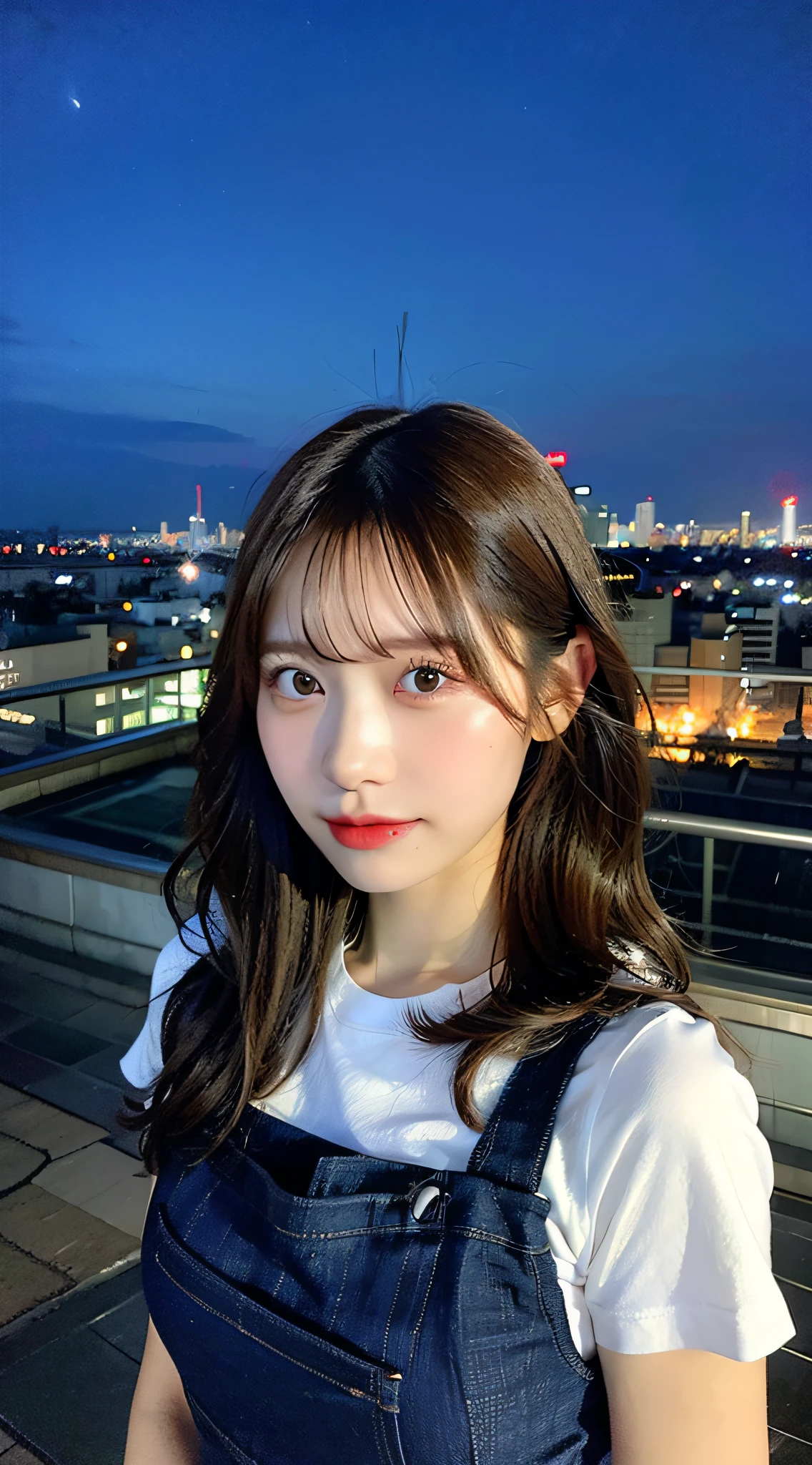 ((Midnight, Best quality, 8k, Masterpiece :1.3)), Whole body, Long legs, Sharp focus :1.2, A pretty woman with perfect figure :1.4, Slender abs :1.1, ((Dark brown hair, Big breasts :1.2)), (White tight tshirt, Jean bib, Standing:1.2), ((Night city view, Rooftop:1.3)), Highly detailed face and skin texture, Detailed eyes, Double eyelid