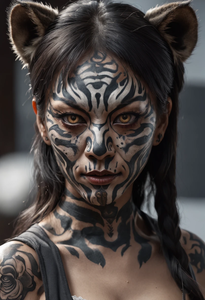 Black and gray realistic tattoo art of tiger withalf +Hannya mask style (((tiger eyes))) +black woman on right side, illustrator, 0mib, masterpiece, high quality,tiger eyes, 8k, high resolution, high detail, japanese, samurai, extremely detailed eyes and face, japan , black woman on right side, beautiful detailed nose, beautiful detailed eyes, light on face, looking at viewer, (1 woman, mature face), realistic face, full lips, captivating smile, realistic body, (RAW photo, best quality ), (realistic, photorealistic: 1,3) , masterpiece, extremely beautiful, extremely detailed,,with ink splatter sketch effect ,he is with open mouth looking very fierce and angry