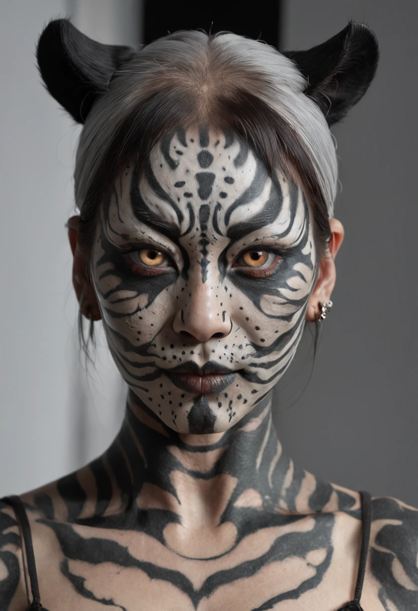 Black and gray realistic tattoo art of tiger withalf +Hannya mask style (((tiger eyes))) +black woman on right side, illustrator, 0mib, masterpiece, high quality,tiger eyes, 8k, high resolution, high detail, japanese, samurai, extremely detailed eyes and face, japan , black woman on right side, beautiful detailed nose, beautiful detailed eyes, light on face, looking at viewer, (1 woman, mature face), realistic face, full lips, captivating smile, realistic body, (RAW photo, best quality ), (realistic, photorealistic: 1,3) , masterpiece, extremely beautiful, extremely detailed,,with ink splatter sketch effect ,he is with open mouth looking very fierce and angry