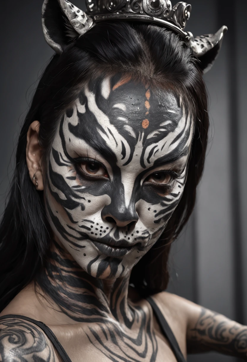 Black and gray realistic tattoo art of tiger withalf +Hannya mask style (((tiger eyes))) +black woman on right side, illustrator, 0mib, masterpiece, high quality,tiger eyes, 8k, high resolution, high detail, japanese, samurai, extremely detailed eyes and face, japan , black woman on right side, beautiful detailed nose, beautiful detailed eyes, light on face, looking at viewer, (1 woman, mature face), realistic face, full lips, captivating smile, realistic body, (RAW photo, best quality ), (realistic, photorealistic: 1,3) , masterpiece, extremely beautiful, extremely detailed,,with ink splatter sketch effect ,he is with open mouth looking very fierce and angry