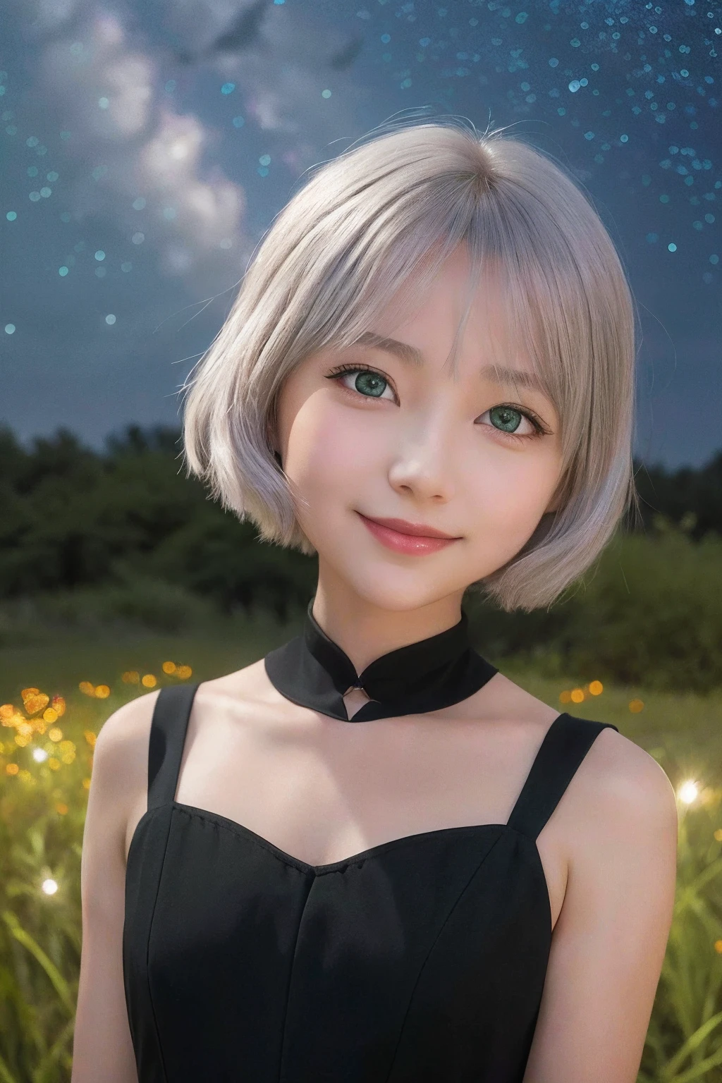 1girl, radiance, soft contours, upper body, 
sanya v. litvyak, smile, short fluffy silver hair, green eyes,
((black dress)), lily hairpin in hair, night sky, stars, flickering fireflies