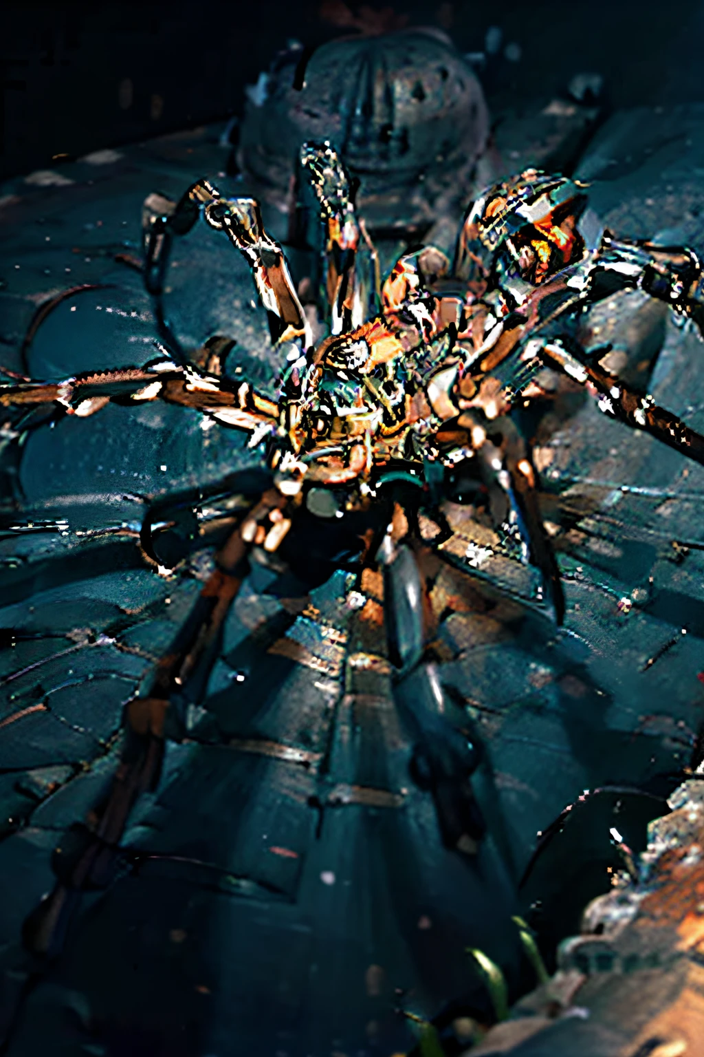 Visualize uma aranha gigantesca, feita de cobre polido, com um corpo robusto adornado por intricados detalhes e filigranas. Its bright reddish color stands out amid the darkness of the night. The spider's legs are long and articulated, allowing you to move with agility and precision. Ela tece teias de cobre reluzentes, criando obras de arte intrincadas e letais