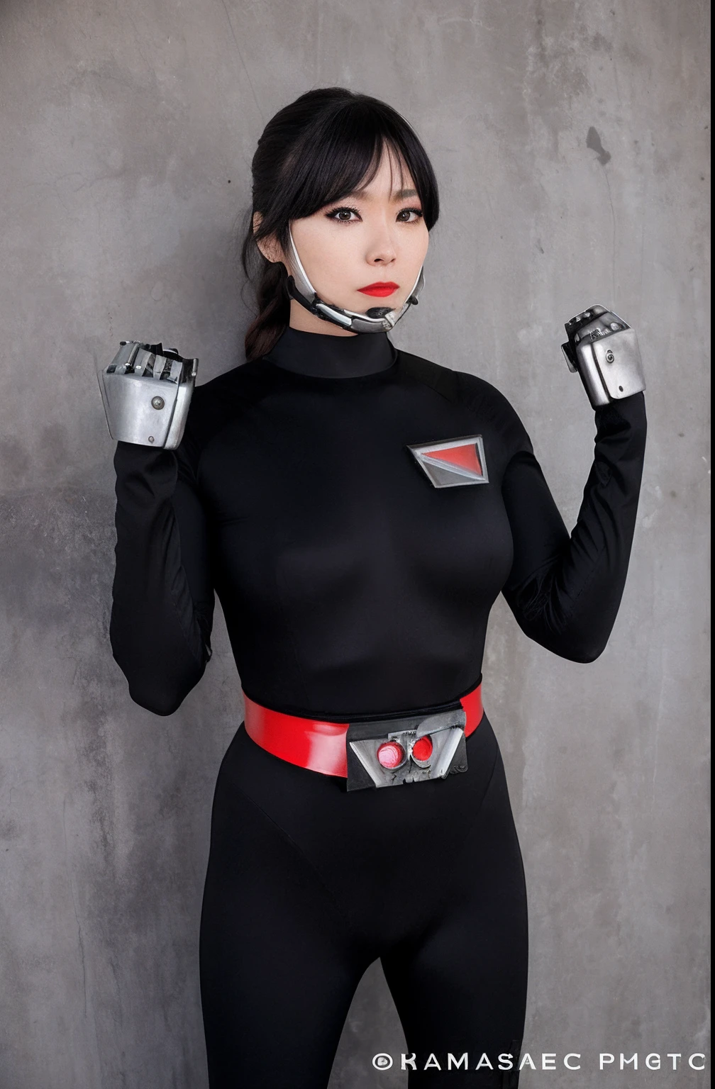 Young woman in black and red costume posing for photo, japanese cyborg, perfect cyborg female, young lady cyborg, Perfect Anime Cyborg Woman, cyber japan style armor, Female Cyborg, cyber japan armor, Cyborg - Girl, park shin hye as a super villain, goth cybersuit, Cyborg girl, cybersuit, Cyborg Woman, wearing techwear and armor、skintight、top-quality、Photoreal Stick