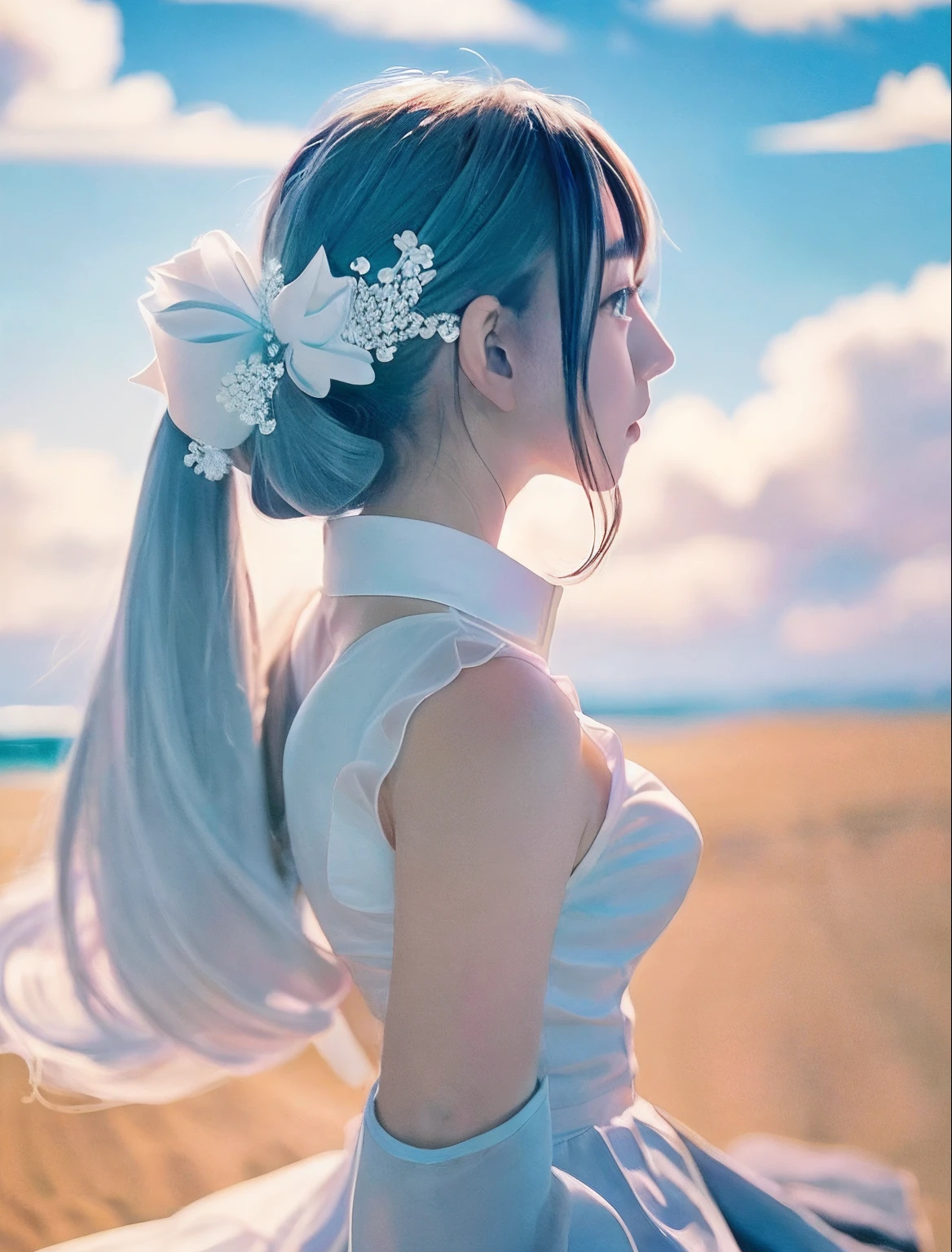 Character Chart、White blue sky、Strong sunshine in summer、the beach、sand beach、shores、Raise one leg。Clear blue sky、Huza、all-fours、Seiza、Hands in the crotch、miku hatsune、Official art, ​masterpiece, Gothic ****ta、foco nítido, (Beautiful gorgeous cute korean woman:1.3), (Beautiful cute korean woman:1.3), Korean  beauty, Delicate Beautiful Hair and Eyes and Face, realisitic, ultra-detailliert, a beauty girl, blue-sky, Glow white particles, (side lights:1.2), rays of sunshine, white clouds, Fine clouds, A slender, 1girl in, Dynamic Angle,Full body,   100-layers,masutepiece,supreme,best,amazinig,great,detail,Stylish,Illustration,action SHOT, aiming at viewer, hands on pockets, School uniform, Blunt bangs, Hairpin, Shy,superfine illustration,(((beautiful fine hair))),(((Beautiful Fine Face))),(((Beautiful fine background))),