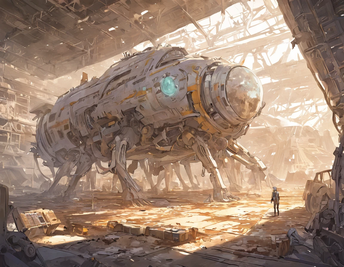 opened book, lying on the table, storybook illustration, inspired by Mark Simonetti, post-apocalyptic world on Venus, Alien vegetation has completely swallowed up the once busy spaceport, The spaceport is filled with dilapidated huge robots and rusty space shuttles, their surfaces are corroded by time and the acidic atmosphere of Venus, Fantastic watercolor, Photorealistic picture from the magazine, Colorful concept art, surreal matte painting, Book cover design, A large open book, Modern concept art, 8k,