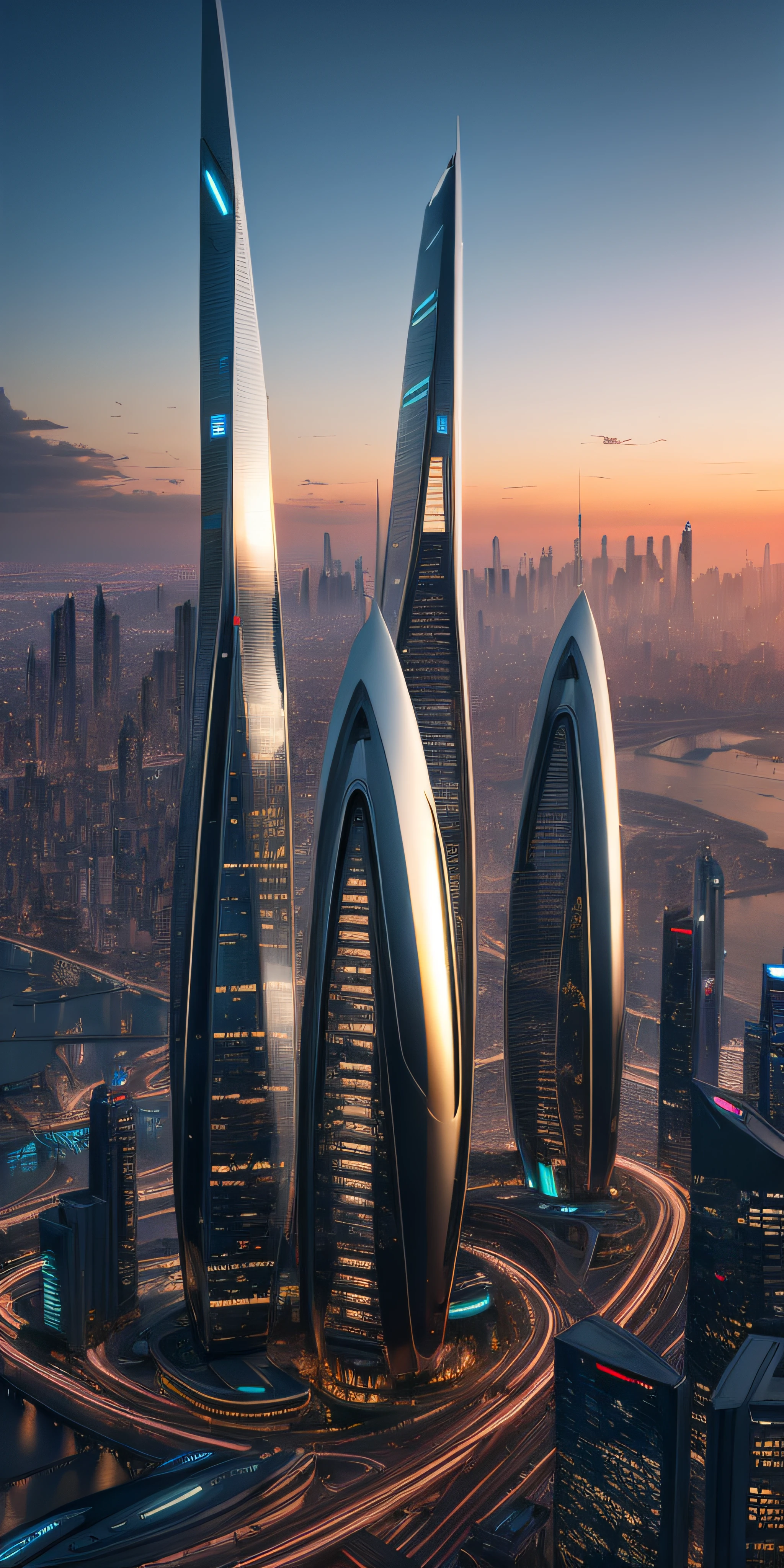 ((masterpiece, best quality)), 8k, modern skyscrappers, zaha hadid architecture style, photo realistic, hyper detailed photo, clean sky, futuristic city, cyberpunk, evening time, sunset