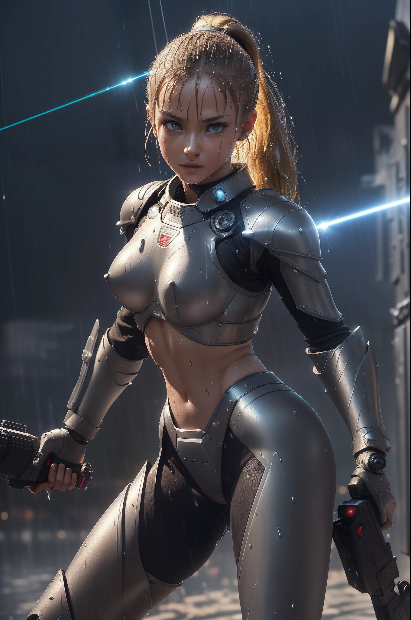 Very perky retrousse tits, (very perky retrousse pointy nipples:1.0), (very perky retrousse pointy areolas:1.0), (wearing mechanical armor suit:1.3), (visible navel), (visible thighs), (focused small dynamic 21 year old female with an laser gun:1.3), (female dynamically aiming an laser gun at enemy troops:1.3), (detailed warzone battle background:1.3), (petite small stature:1.0), (thin waist:1.1), (blonde ponytail), (dynamic action angle:1.3), (realistic accurate detail laser gun :1.3), (hyper realistic intricate sharp detail:1.2), (contrasting light:1.2), (raining:1.2), (wet:1.4), (night time:1.2), (accurate reflections:1.2).