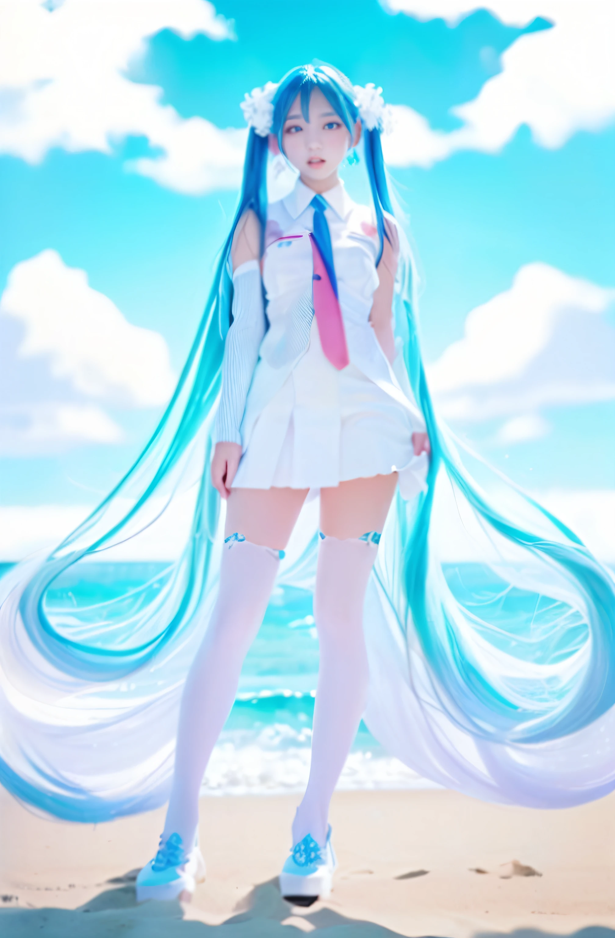 Character Chart、White blue sky、Strong sunshine in summer、the beach、sand beach、shores、Raise one leg。Clear blue sky、Huza、all-fours、Seiza、Hands in the crotch、miku hatsune、Official art, ​masterpiece, Gothic lolita、foco nítido, (Beautiful gorgeous cute korean woman:1.3), (Beautiful cute korean woman:1.3), Korean  beauty, Delicate Beautiful Hair and Eyes and Face, realisitic, ultra-detailliert, a beauty girl, blue-sky, Glow white particles, (side lights:1.2), rays of sunshine, white clouds, Fine clouds, A slender, 1girl in, Dynamic Angle,Full body,   100-layers,masutepiece,supreme,best,amazinig,great,detail,Stylish,Illustration,action SHOT, aiming at viewer, hands on pockets, School uniform, Blunt bangs, Hairpin, Shy,superfine illustration,(((beautiful fine hair))),(((Beautiful Fine Face))),(((Beautiful fine background))),