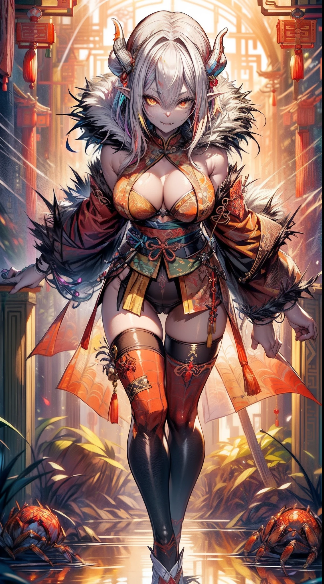 horns ({spider_silk|fur}, silk, fur) ({(arachna:1.5)|human_female|(goblin:1.15)}:1.25) girl, 1girl, perfect and well designed glowing shiny eyes, (beautiful detailed eyes:1.05), natural breasts, slim body, beautiful and delicate cute face, (face detail), ((realistic face)), pores, ((pale blue skin)), detailed skin, realistic skin, (((bioluminescence))), ((shiny skin)), ((glowing speckles on skin)), (pointy ears), (fangs:1.5), (multicolored gradation skin), (fur body:1.8), (muscular, fit:1.3), human face, ((monster girl)), medium length hair, hair voluminous, (((((multicolored gradation hair))))), super high resolution, 8k, parameters Best quality, (masterpiece:1.4), (magic accessories:1.4), bracelets, extremely detailed thick tight ({nylon|lycra}, {latex|vynil}:1.5) pastel bright ((red, yellow:1.6), (black:0.5)) ornate (clothing, (kimono:1.25), (chinese cloth:1.35), miniskirt:1.25), (tight clothes on breasts), (standing nipples under cloth:1.2), (cameltoe:1.5), (ornaments on clothing:1.6), (neckline:1.3), (cleavage), decolette, navel, Young Girl, Little Beast, (Smile:0.7), (pale Skin:2.0), ((tattoos all over body, Tribal tattoos all over legs)), ultra detailed, photorealistic, ((Real image)), (best quality:1.4), super high resolution, (Realistic 2.0), More details, (((1girl))), (beautiful and aesthetic:1.2), (fractal art:1.4), (cinematic light:1.1), DUTCH ANGLE, 16K, HDR, RTX, Ray Tracing, Radiosity, Anisotropic Filtering, Subsurface Scattering, (((magic lights))), metallic reflections, Detailed, Realistic, 4k highly detailed digital art, (cool_color), extremely detailed CG unity 8k wallpaper, vibrant colors