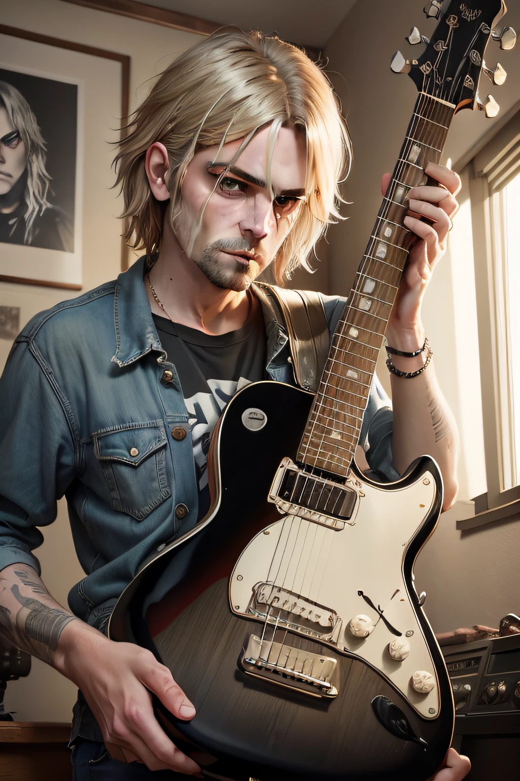 "Iconic portrayal of Kurt Cobain, the legendary musician and Nirvana frontman, in a mesmerizing and soulful artistic style. Capturing his raw emotions, charisma, and musical genius, with attention to intricate details and realistic shading. Authentic grunge aesthetic, vintage vibes, guitar in hand, with a sense of rebelliousness and a hint of nostalgia. Showcase his iconic hairstyle, intense gaze, and signature wardrobe, while evoking the spirit of the 90s Seattle music scene. A visually striking masterpiece that pays homage to the everlasting impact of Kurt Cobain's legacy."
