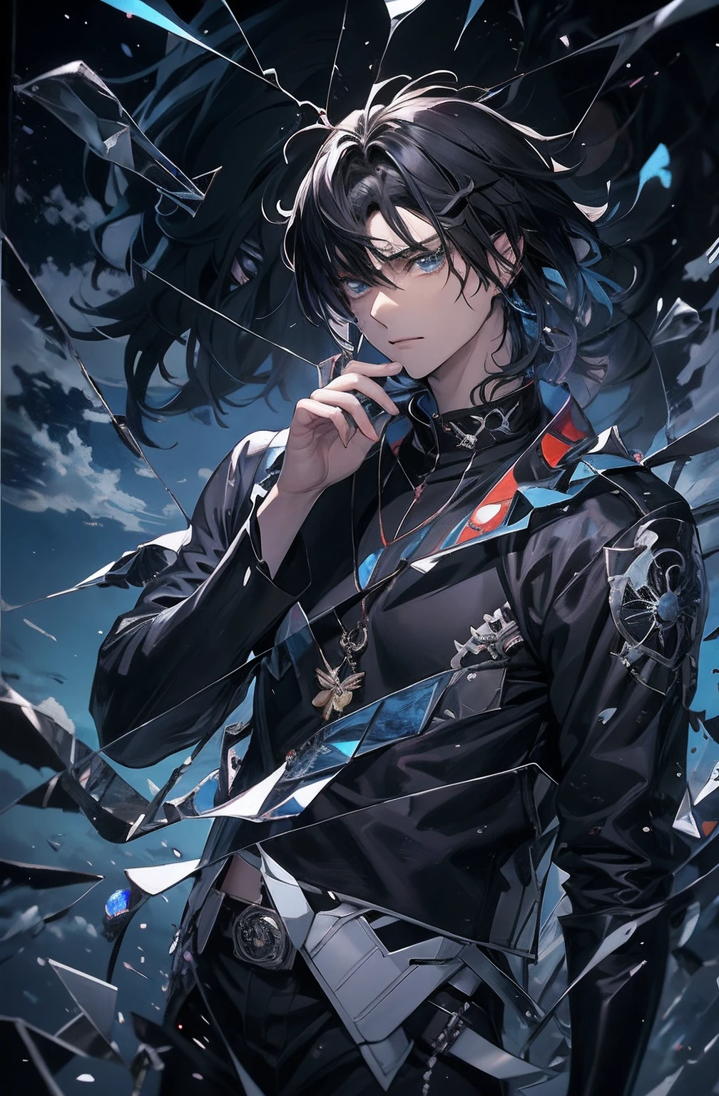 Anime boy with black hair and blue eyes standing in front of cloudy sky, handsome guy in demon killer art, inspirado em Okumura Masanobu, Tall anime guy with blue eyes, Badass anime 8 K, young anime man, Anime boy, style of anime4 K, Handsome anime pose, High quality anime art style, High-quality fanart