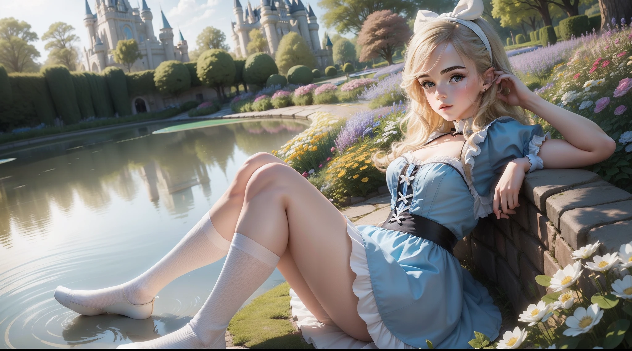 teen Emma Watson as sexy Alice in wonderland, blue dress, white apron, black hairband, white long socks, blonde wavy hair, cute pose, in a flower garden, pond, Disney castle at the background, blue sky, sunny day, cute, cleavage showing