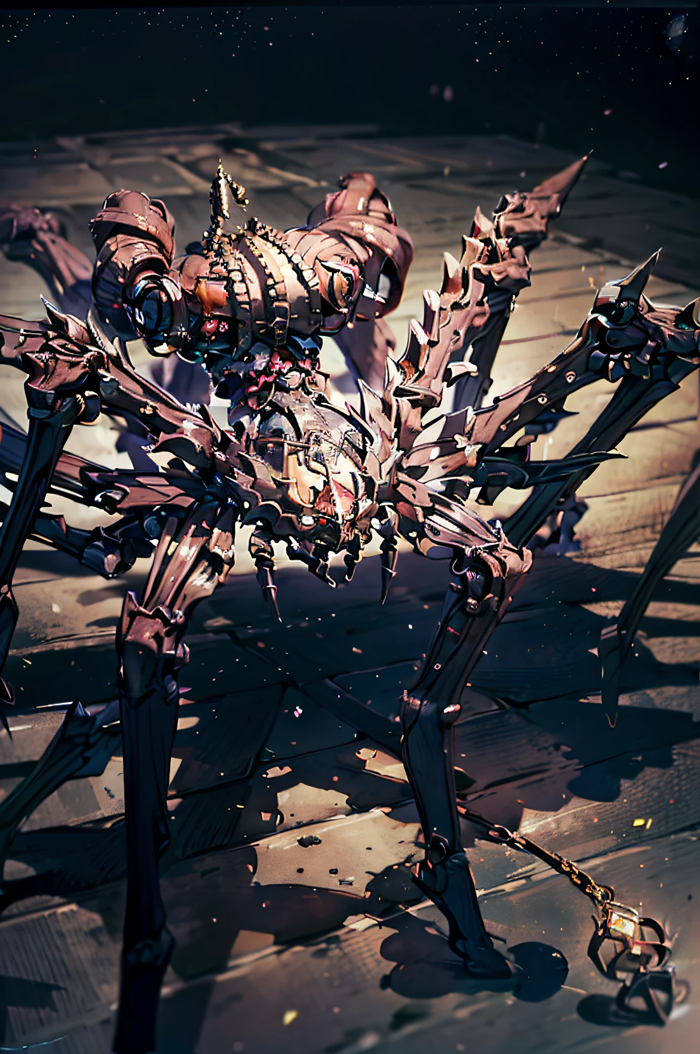 Visualize uma aranha gigantesca, feita de cobre polido, com um corpo robusto adornado por intricados detalhes e filigranas. Its bright reddish color stands out amid the darkness of the night. The spider's legs are long and articulated, allowing you to move with agility and precision. Ela tece teias de cobre reluzentes, criando obras de arte intrincadas e letais