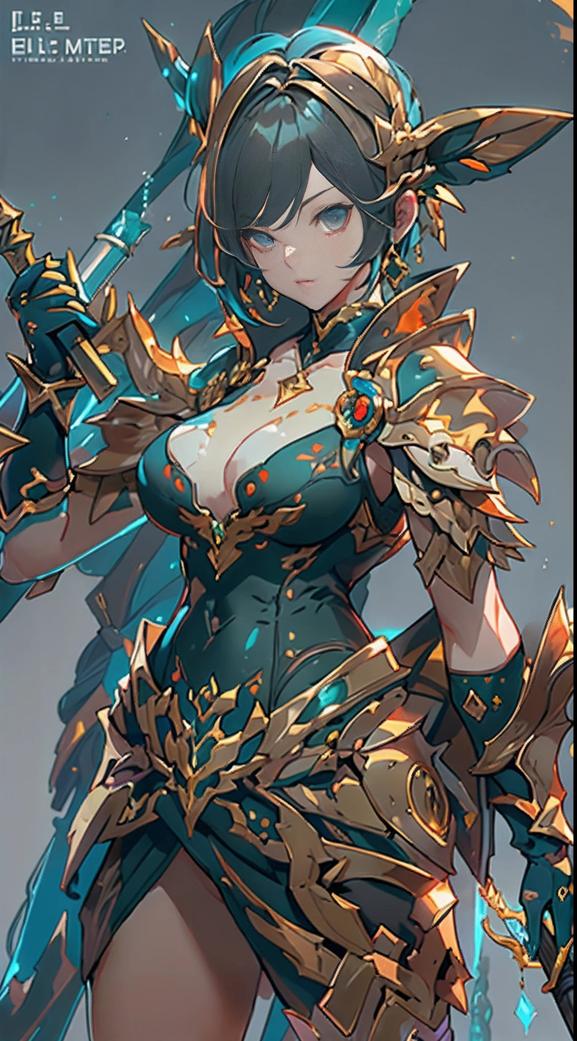 Design a layout showcase Gaming character, ((1monster)). Golden+Purle clothes, stylish and unique, ((showcase weapon:1.4)), magic staff, (masterpiece:1.2), (best quality), 4k, ultra-detailed, (Step by step design, layout art:1.5), (luminous lighting, atmospheric lighting), Final Fantasy style, magican, ((glove full hands)), fran, viera, (((revealing clothes:1.3))), vambraces, armored legwear, (((full_body_shot:1.4))), Niji, back_view