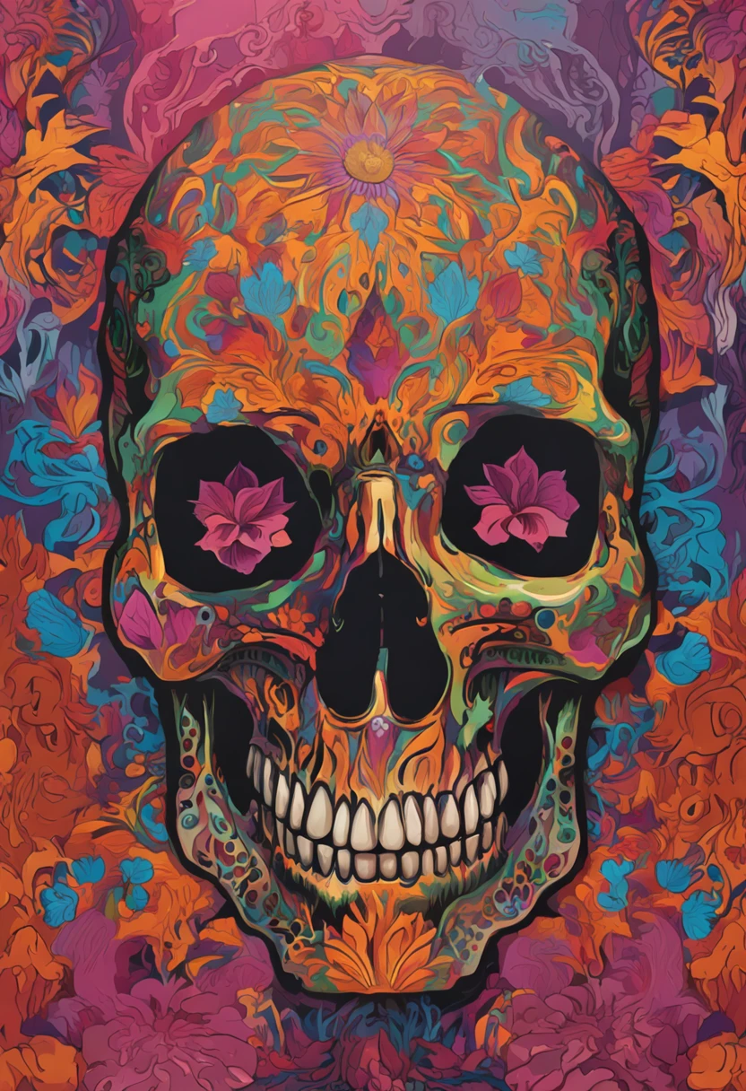 a close up of a skull with a flower on its head, fantasy skull, scary detailed art in color, scary color art in 4 k, sacred skull, conjuring psychedelic background, detailed digital artwork, calavera, sacred skulls, psychedelic illustration, sugar skull, skull face, death skull, scary art in color, skull liminal void background, psychedelic art style