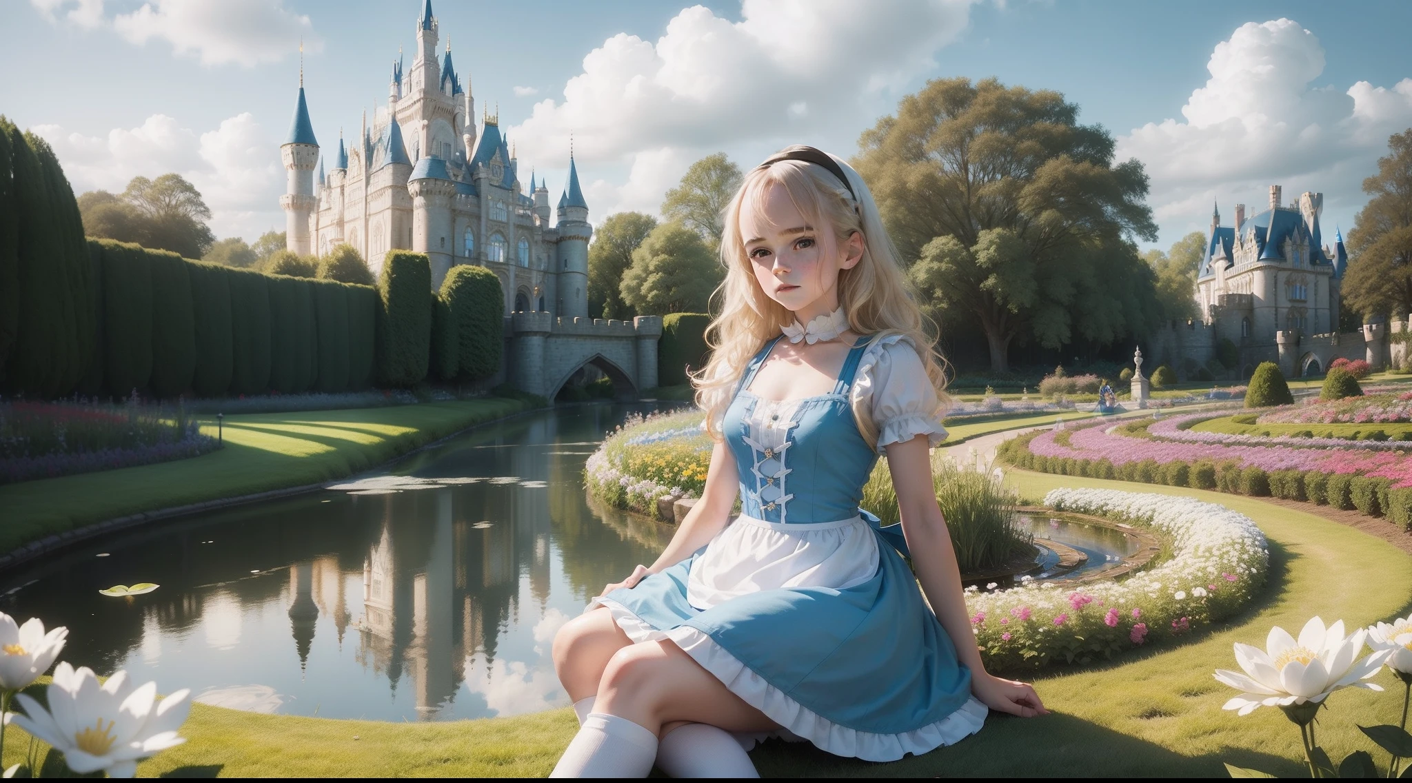 8  Emma Watson as sexy Alice in wonderland, blue dress, white apron, black hairband, white long socks, blonde wavy hair, cute pose, in a flower garden, pond, Disney castle at the background, blue sky, sunny day, cute, cleavage showing