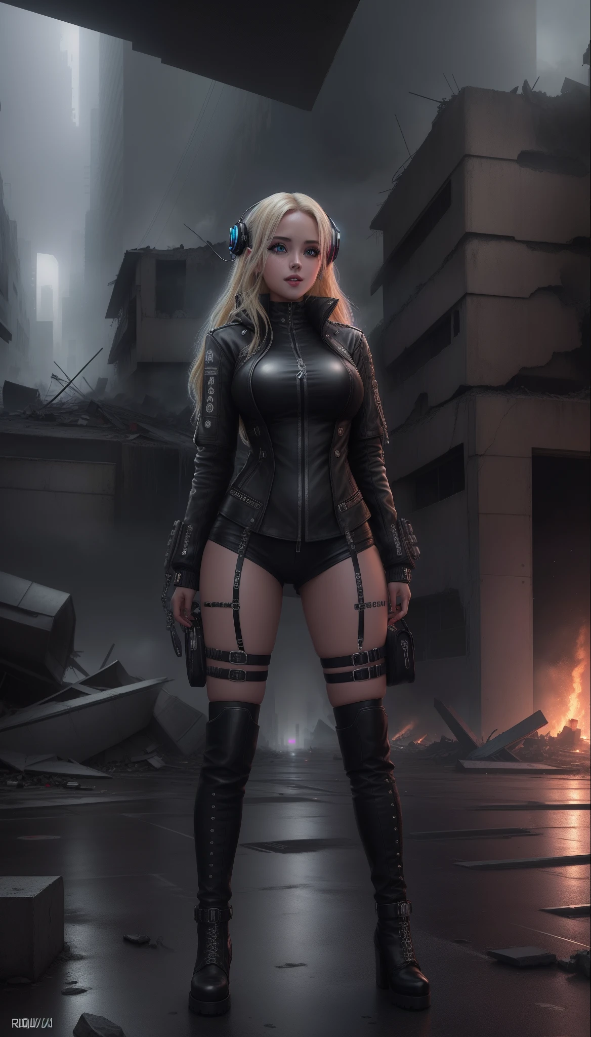 Blonde woman in black leather clothing running in front of destroyed building, deusa linda com lindo sorriso, cyberpunk feminino, roupa de cyberpunk, fantasia negra sedutora de cyberpunk, roupa de cyberpunk, roupa de estilo cyberpunk, vestindo tecnologia e armadura, cabelo entre os olhos, behind-the-head headphones, aqua eyes, maquiagem, sorriso leve, raios de deus, High detail, gothic art, Realismo, UHD, master part