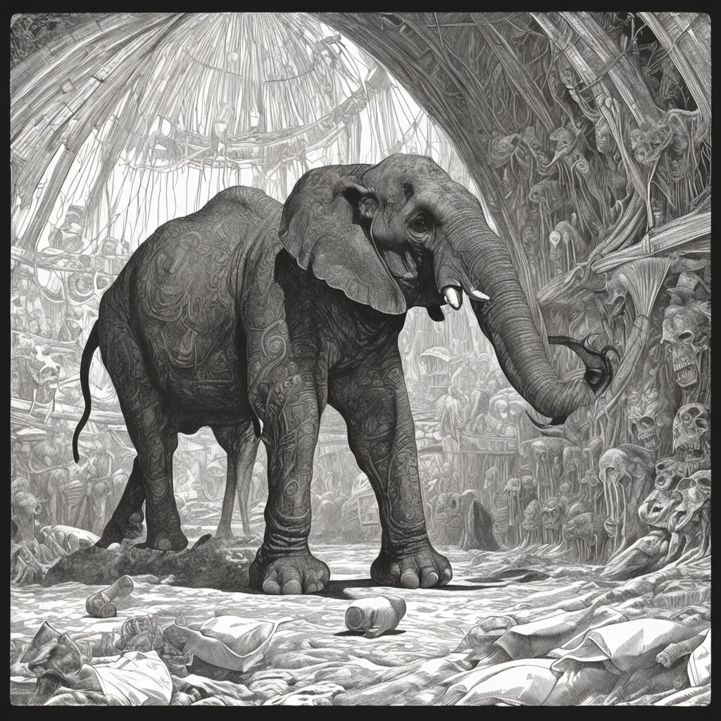 1
Illustration of a drawing of an elephant with a skeleton in a tent, um enorme rei elefante, inspirado por Joseph Clement Coll, inspirado em Patrick Woodroffe, inspirado por Earl Norem, inspirado por Richard Corben, Directed by: Virgil Finlay, Directed by: Bernie Wrightson, Sardax, inspirado em Virgil Finlay, Directed by: Farel Dalrymple