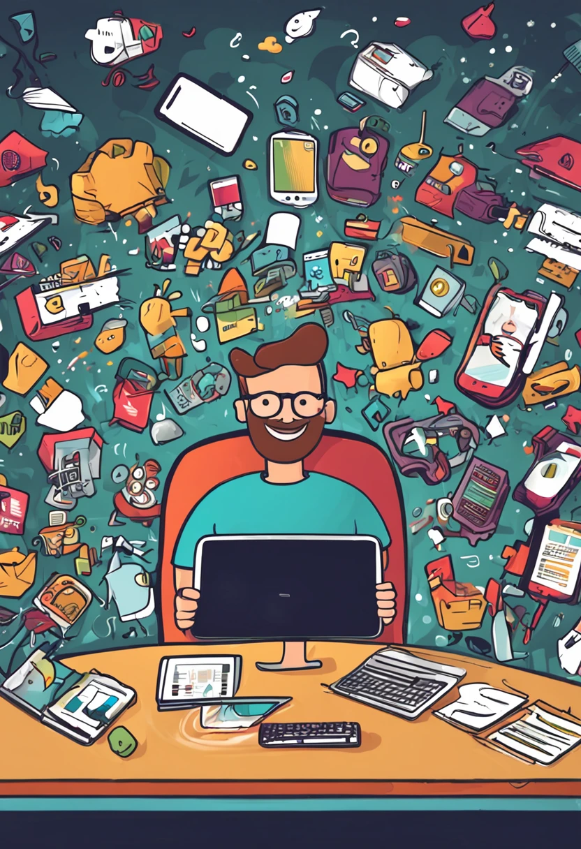 Design a fun-filled cartoon image featuring a small business owner surrounded by a bunch of comical tech gadgets. The owner could be holding a smartphone with hilarious apps overflowing and a laptop covered in funny stickers. Maybe there's even a tech-savvy robot cracking jokes in the background! Let your creativity run wild and make it a visual treat!