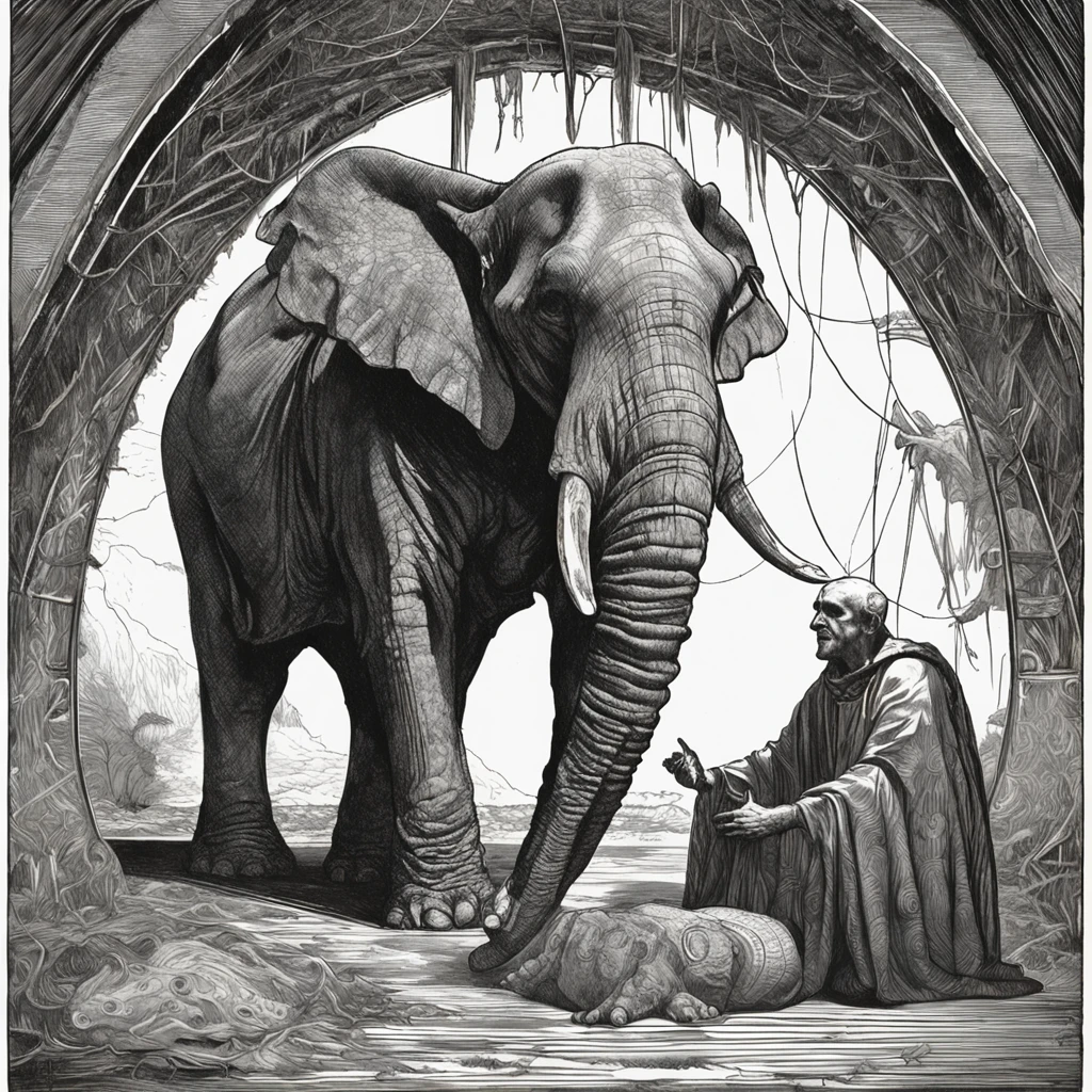 Illustration of a drawing of an elephant with a skeleton in a tent, an illustration inspired by Joseph Clement Coll, Reddit, Hurufiyya, um enorme rei elefante, Sardax, Estilo de Bernie Wrightson, d & D loxodon, Estilo de Virgil Finlay, Retrato de um Mind Flayer, um rei elefante