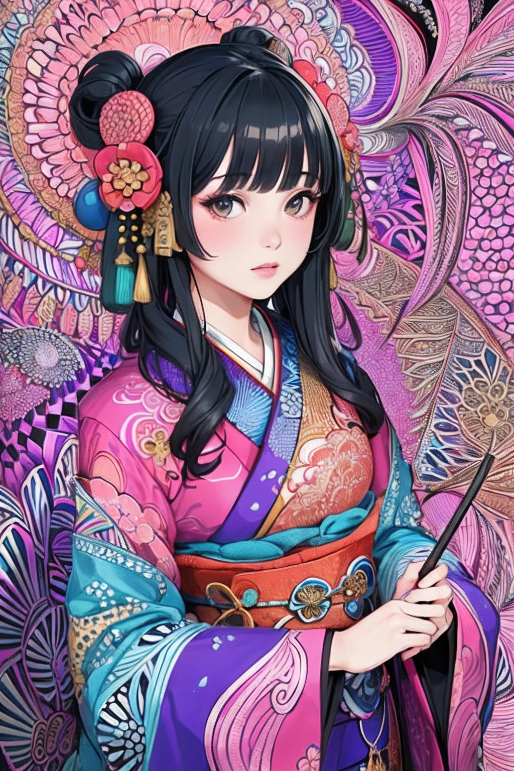 (beautiful masterpiece detailed (zentangle:1.2) image of (1girl:1.3) wearing (traditional kimono dress:1.2)), top quality, best quality, official art, extremely detailed, (fractal art:1.2), colorful, highest, (dynamic pose), (abstract background:1.5), (shiny skin), (many colors:1.4), upper body.