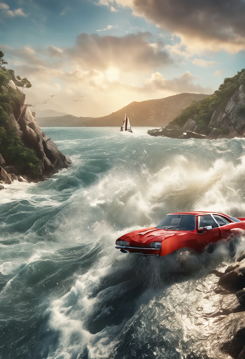 Advertising banner, Yachtsman at sea, Splashing waves, Sunny, dynamics, 真实感, 16K high-detail digital art, 16K HD обои детализированные, 16K Detailed Digital Art, 16K HD фото真实感, hyper-detailing