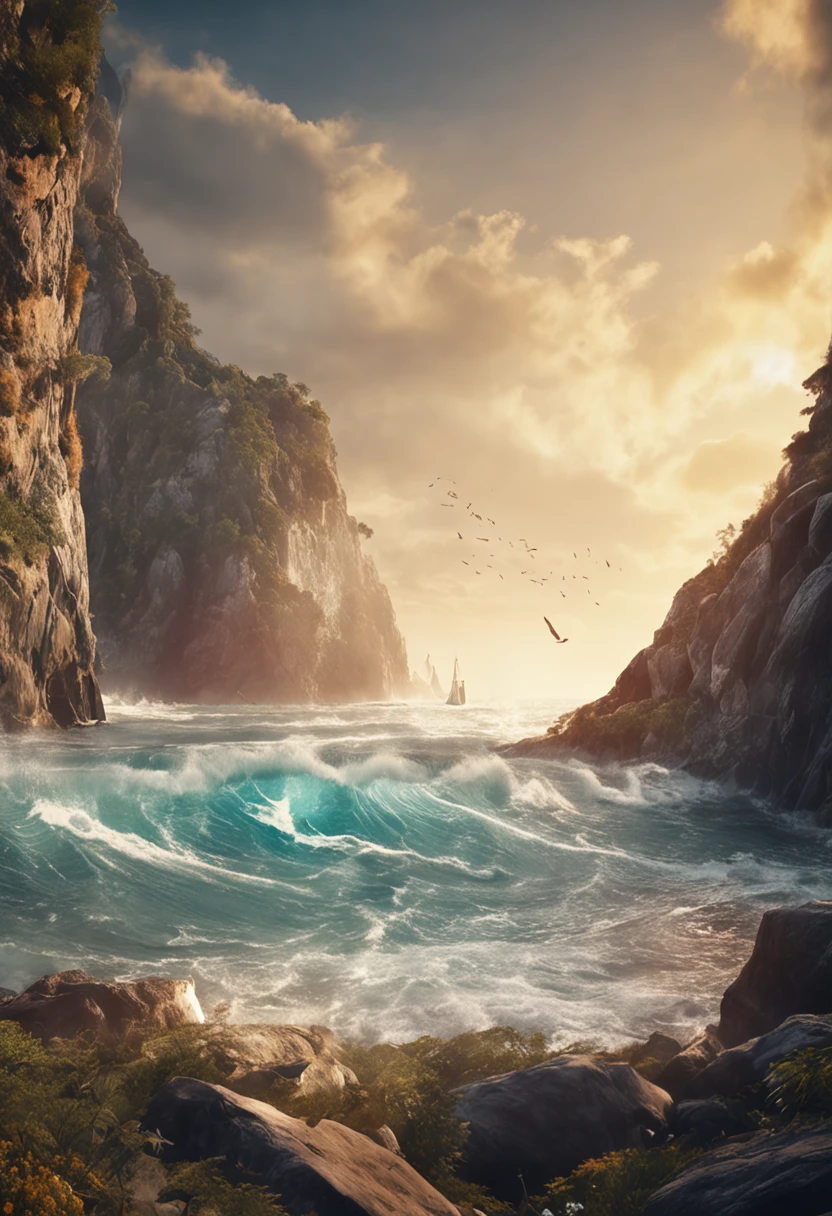 Advertising banner, Yachtsman at sea, Splashing waves, Sunny, dynamics, 真实感, 16K high-detail digital art, 16K HD обои детализированные, 16K Detailed Digital Art, 16K HD фото真实感, hyper-detailing