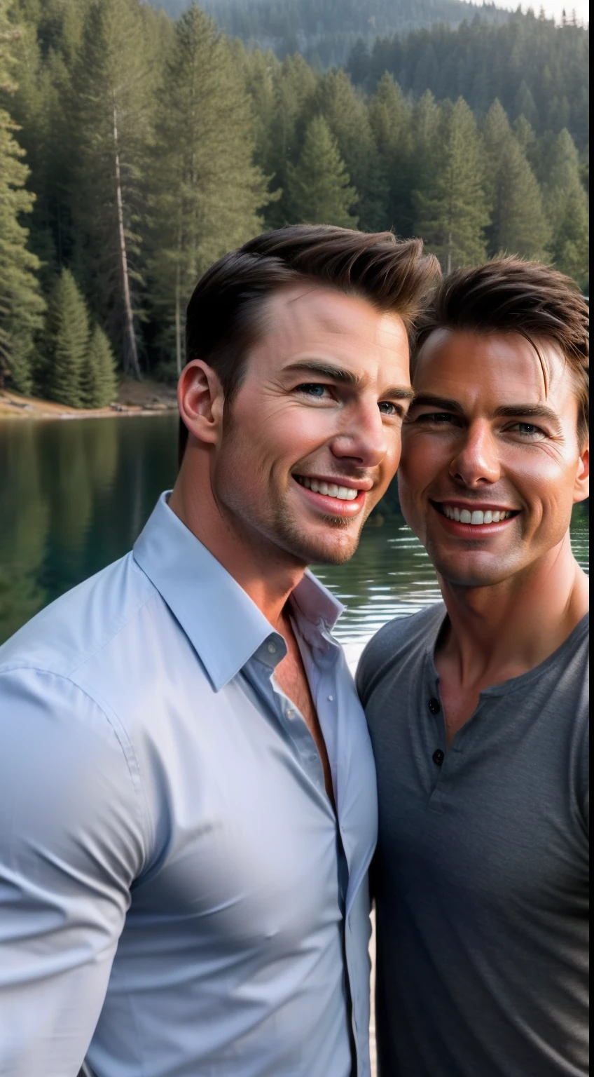 Two sexy men from Europe and the United States, Handsome and handsome, Looks like Chris Evans and Tom Cruise. They embraced each other affectionately，Be loving.They didn't wear anything. They are located on a tranquil lake in a forest surrounded by mountains. A ray of morning light shone on them from the forest.