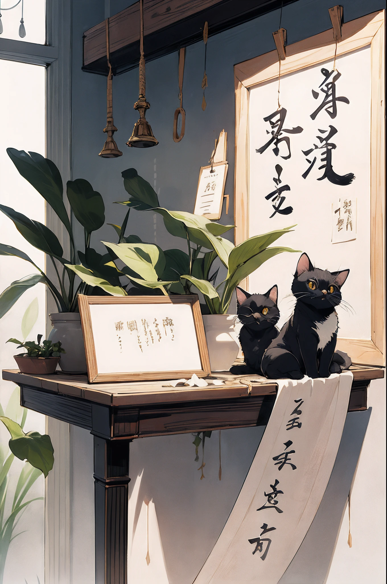 Accompanied by a cat（（Cute cat１、５））absurderes、Hi-Res、ultra-detailliert、(1 rapariga:1.3)、BREAK 、Expressive lettering、Elegant décor、Design images featuring beautiful calligraphy with craftsmanship and skill。
