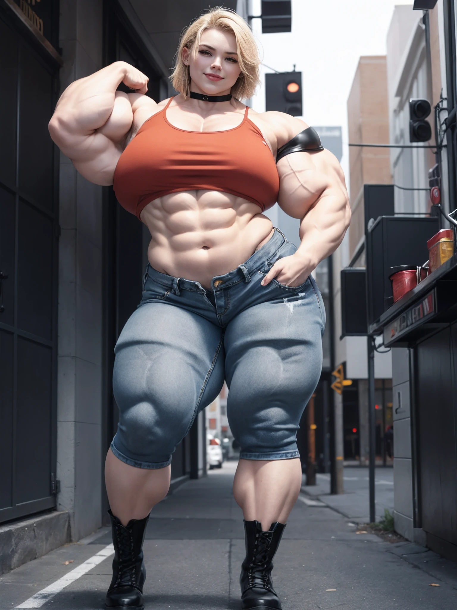 Extremely muscular 10 feet tall, 10' tall, ten ft tall, mini giantess woman wearing denim pants, black crop top, leather studded vest and bovver boots. ((Hypermuscle, amazonmuscless)), ((minigiantess, minigts)), metalhead, rocker, smirking, smirk, smug, furrowed brows. Standing next to a (((short, small, little man, male))) 1girl, 1boy, 1woman, 1man, exaggerated body proportions