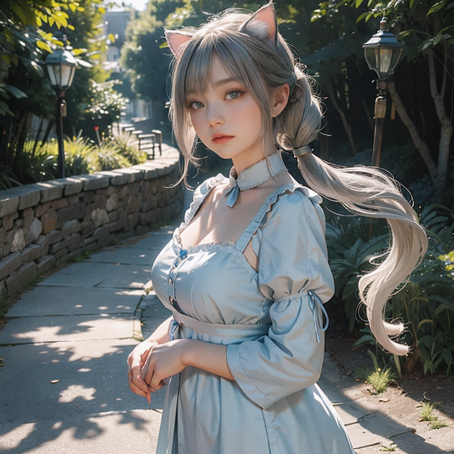 Two women in their 20s、 Fantasia、offcial art, unity 8k wall paper, ultra-detailliert, beautifly、Aesthetic, masterpiece, top-quality, Photorealsitic、Big eyes、Cat-eared clan、Cat's ears、very thick tail:1.5、very thick and long tail、dark brown eyes、Silver-white hair、shorth hair、Pigtail hairstyle、Blue Ribbon、Collar with bell:2.0、Blue Short Dress、depth of fields, Fantastic atmosphere, Calm palette, tranquil mood, Soft shading、cobblestone road、Stone signpost、Rivers and bridges、Beautiful Landscapes、bbw、very large breast、plump figure、Sky with stars、Crescent、Lamp Light