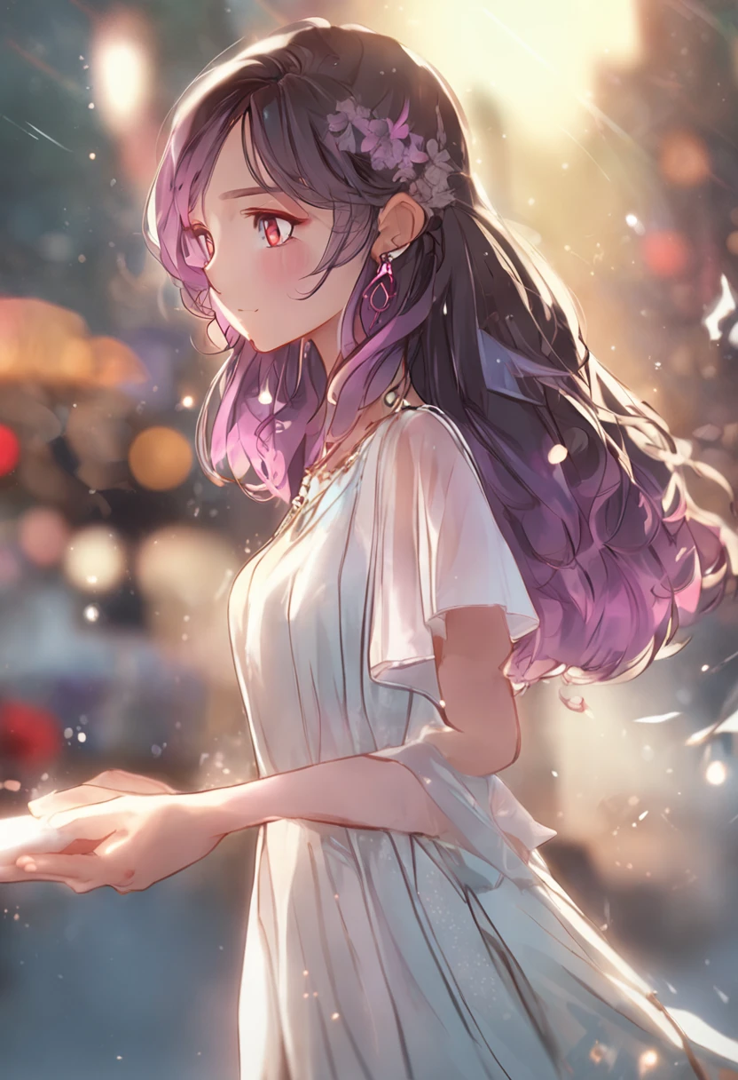 A young girl, with wavy purple hair and light blue eyes like crystal, wears a decent dress that does not show her feminine charm, she is soo cute, she wear a long white skirt, with a simple green T-shirt writed on its a word "Princess"