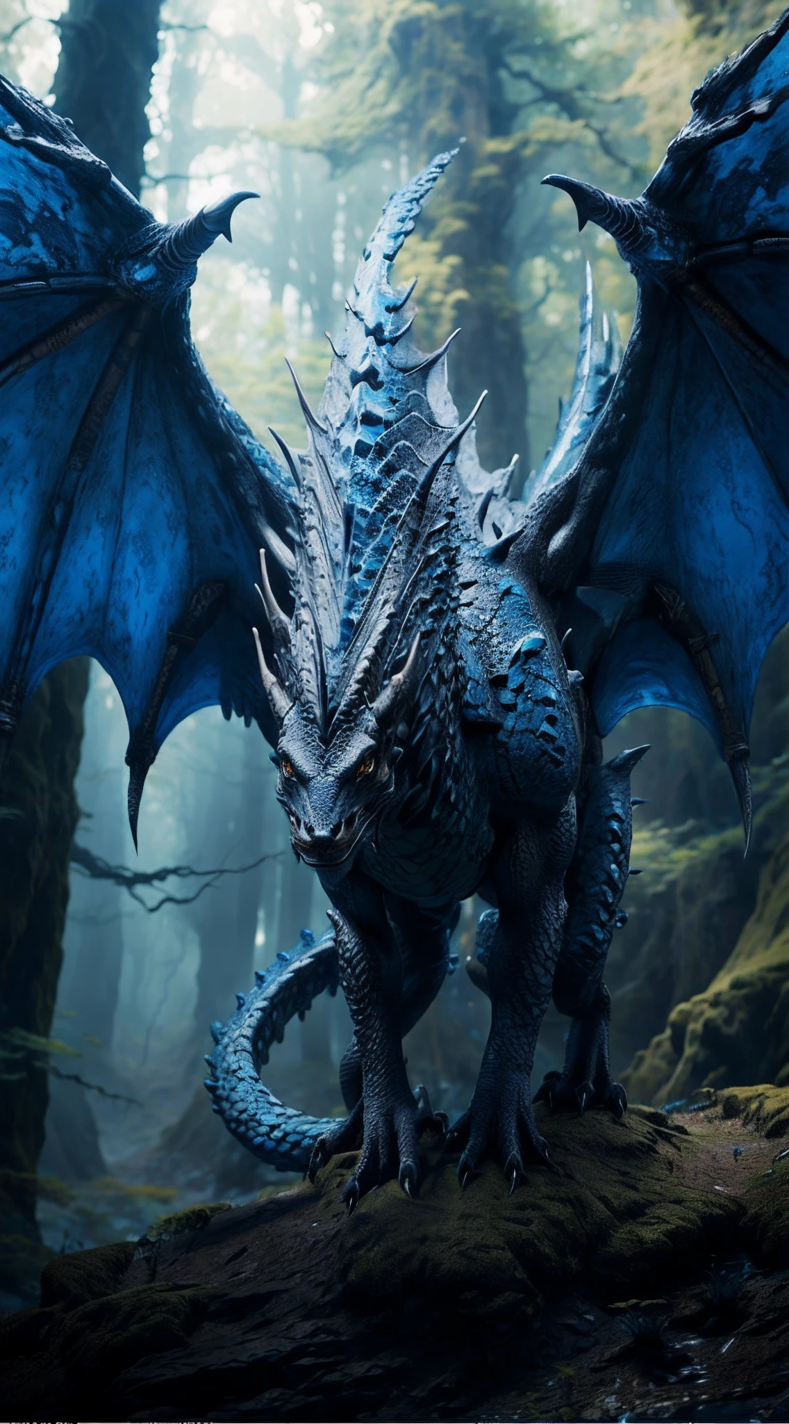 there is a dragon that is standing on a rock in the woods, blue scaled dragon, frost dragon, dragon inspired blue armor, wyvern, 4 k detail fantasy, blue dragon, colossal dragon as background, ancalagon the black, dramatic cinematic detailed fur, a majestic gothic dragon, dragon with scars, hyper detailed and realistic, hyper real highly detailed