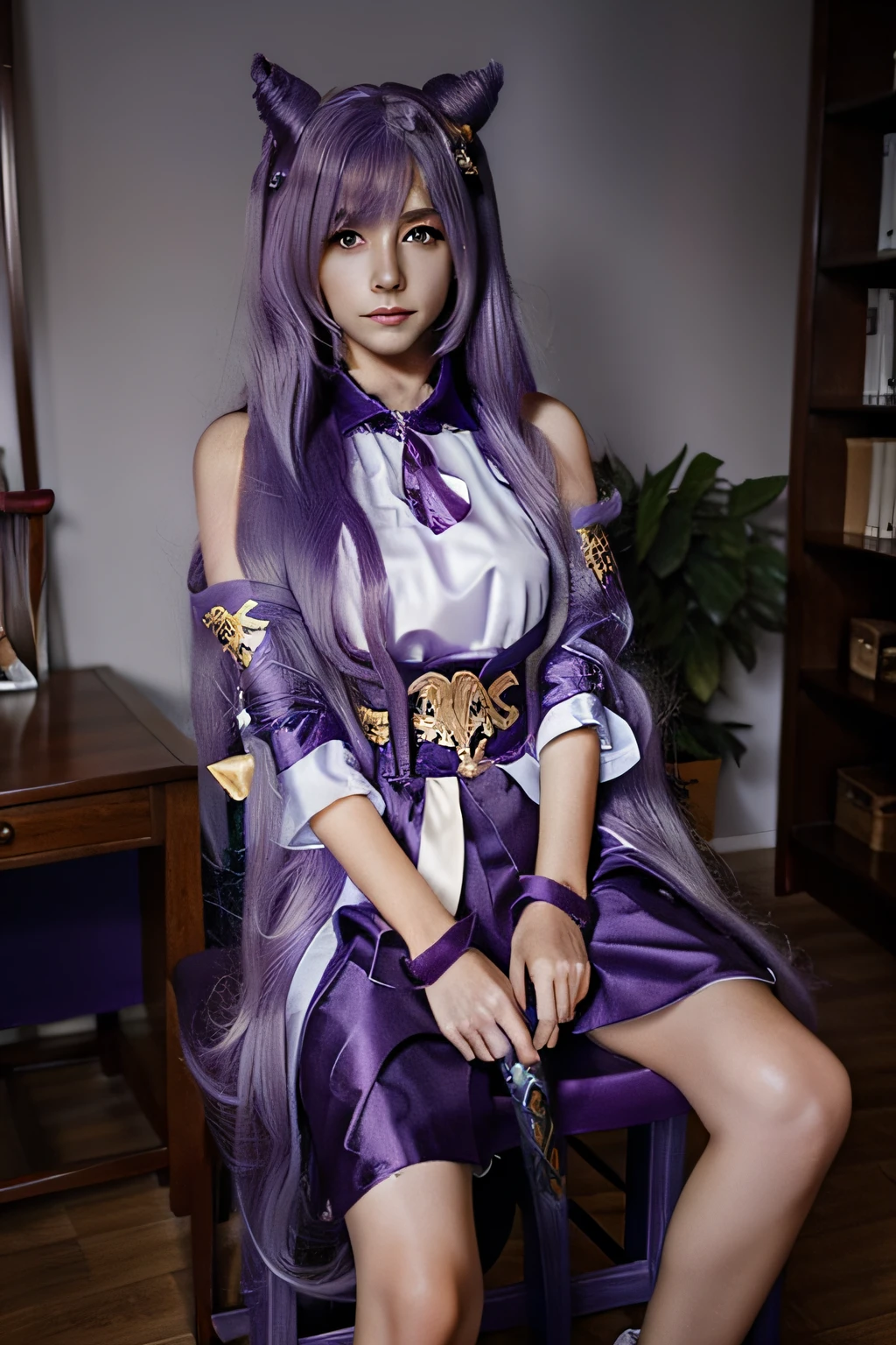 Beautiful girl with very long light purple hair, assembled in two tails, serious face, sits in the office on a high chair, next to a long sword