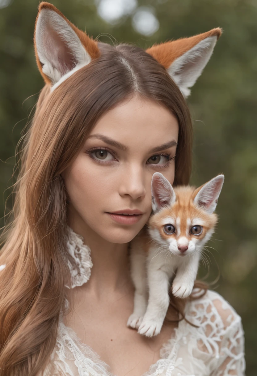 um close up de uma mulher usando orelhas de gato e um estrangulamento, orelhas de raposa, menina com orelhas de raposa, orelhas de raposa fofas, orelhas de raposa branca, ultrarrealista doce coelhinho menina, uma bela raposa senhora, pele hiper realista, headshot of young female furry, Lola Bunny Fanart, muito bonita gatinha fofa, Fennec ears on the top of his head, female fox, orelhas de animais