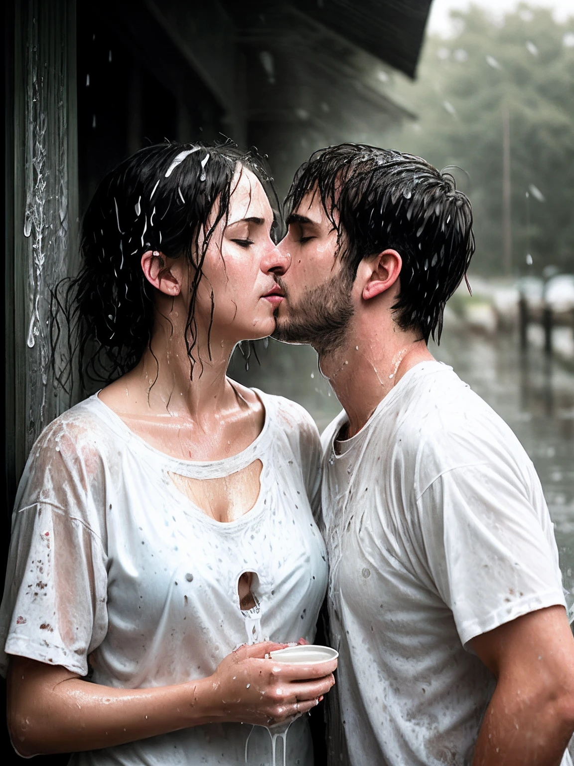 a portrait of a (soaking wet of a milk:1.2) two teachers is sitting on a porch and kiss, [ : white shirt : 18], visible  through the white top t-shirt, slate atmosphere, cinematic, dimmed colors, dark shot, muted colors, film grainy, lut, insane details, intricate details, hyperdetailed, closeup, twilight